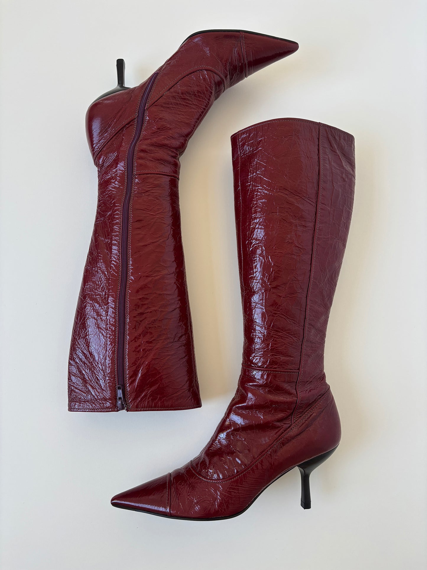 Miu Miu 1990s red crinkly patent leather kitten heel boots (EU 38.5 / US 8)