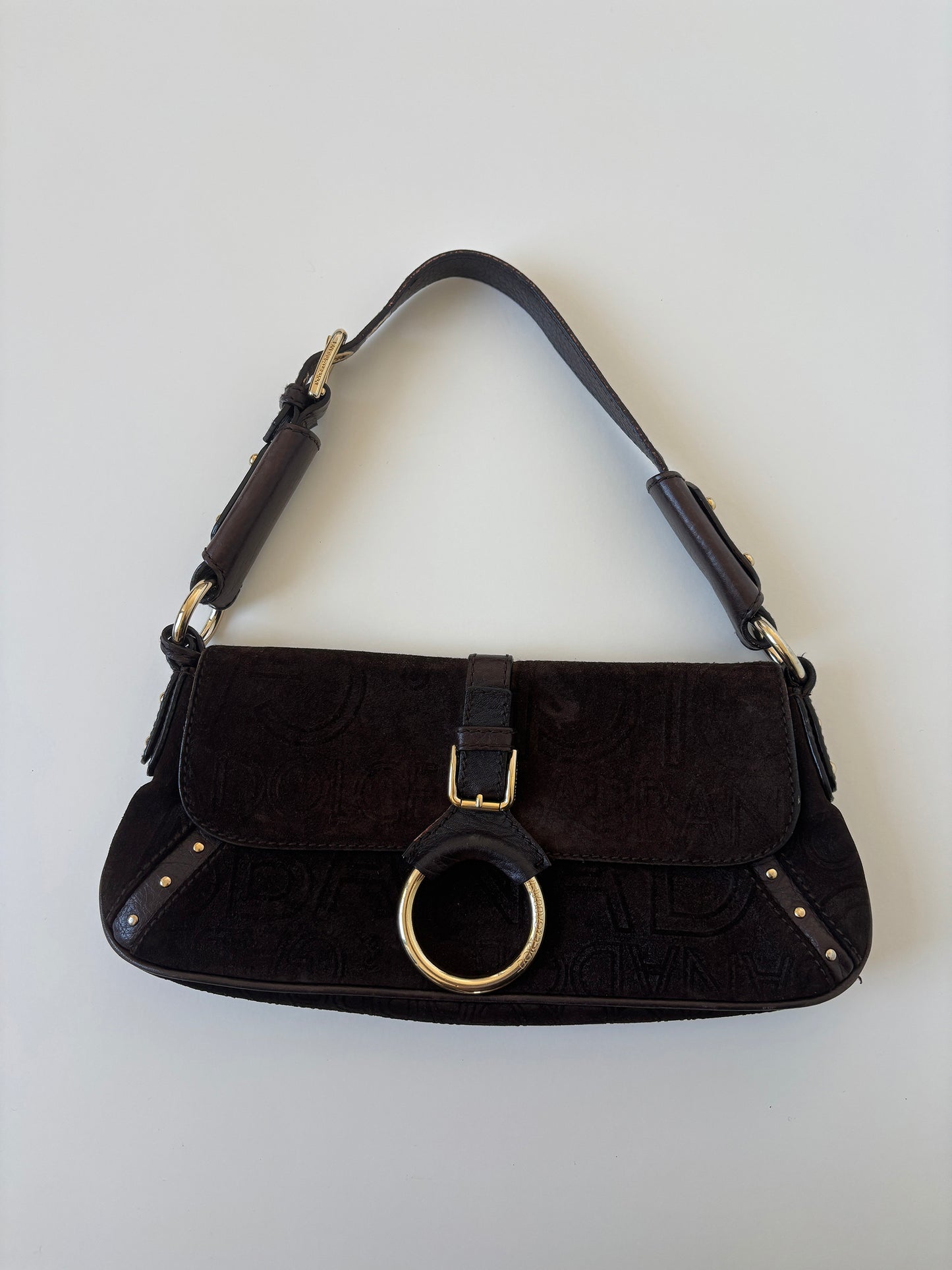 Vintage Dolce &amp; Gabbana O-Ring baguette bag with dark brown suede and logo monogram.