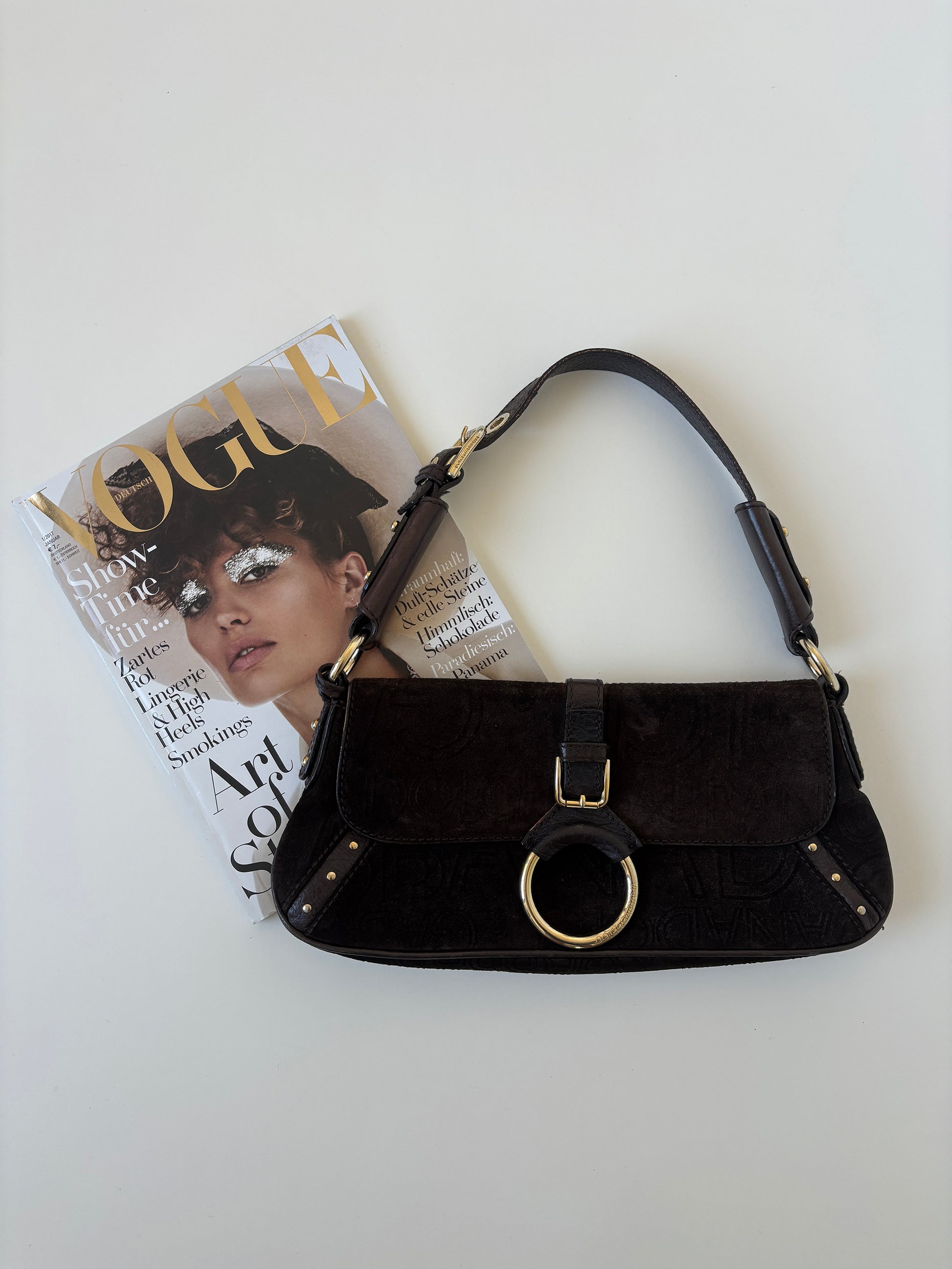 Vintage Dolce &amp; Gabbana O-Ring baguette bag with dark brown suede and logo monogram.