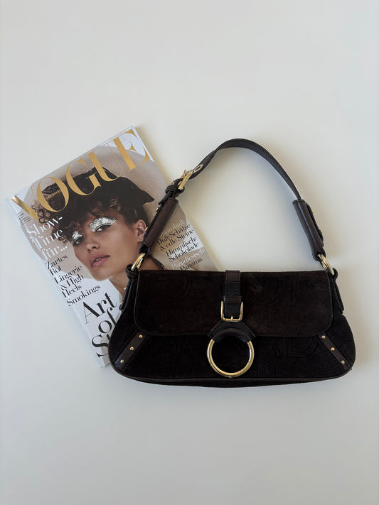 Vintage Dolce &amp; Gabbana O-Ring baguette bag with dark brown suede and logo monogram.