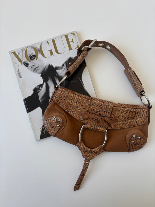 Vintage Dolce &amp; Gabbana D-Ring baguette bag with tan suede, python leather.