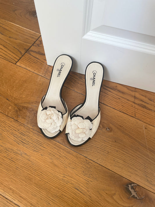 Chanel ivory Camellia sandal heels