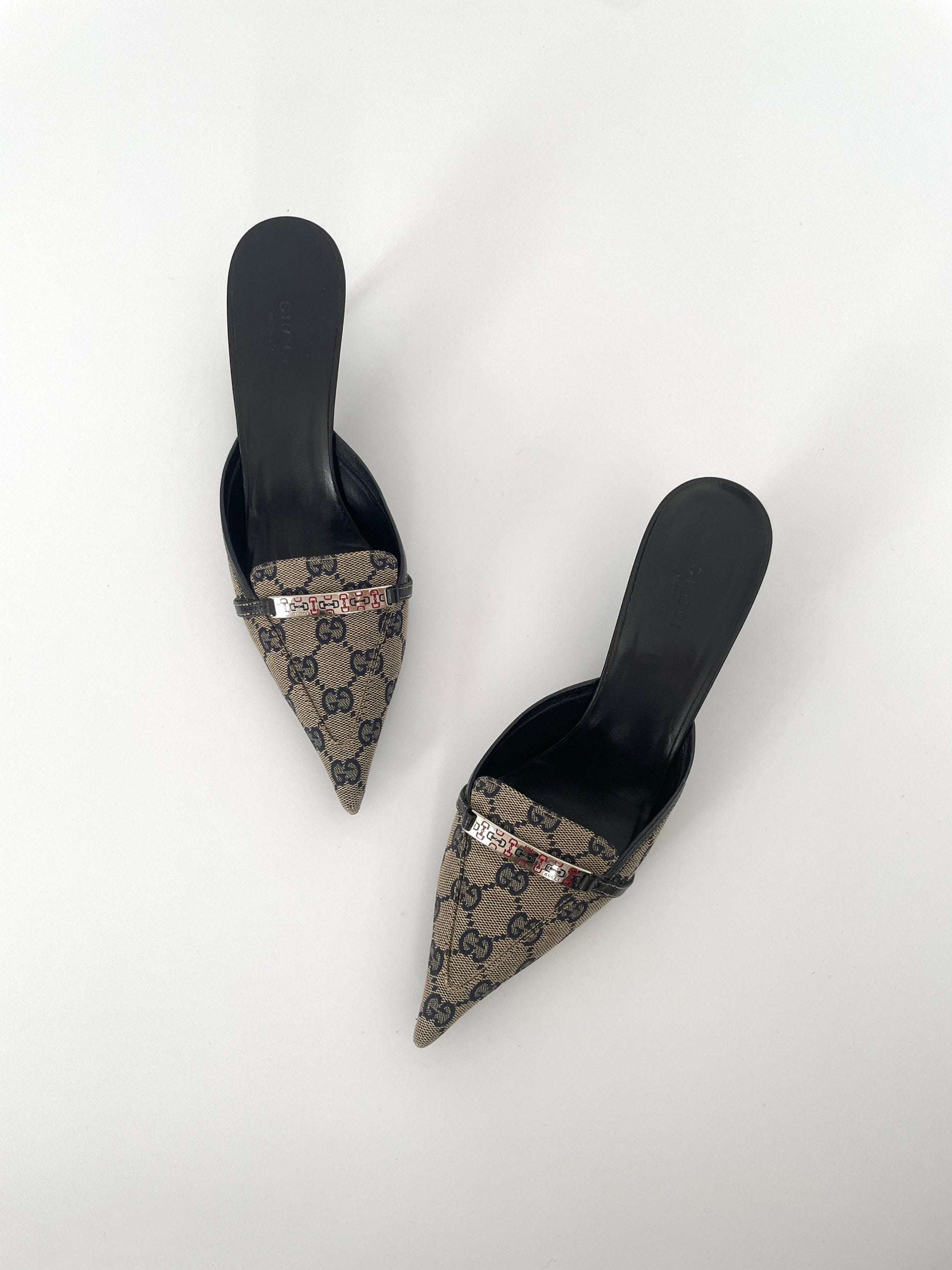 Gucci monogram horsebit kitten heel mules