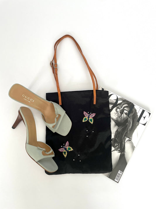 Dolce & Gabbana silk beaded butterfly rhinestone tote bag