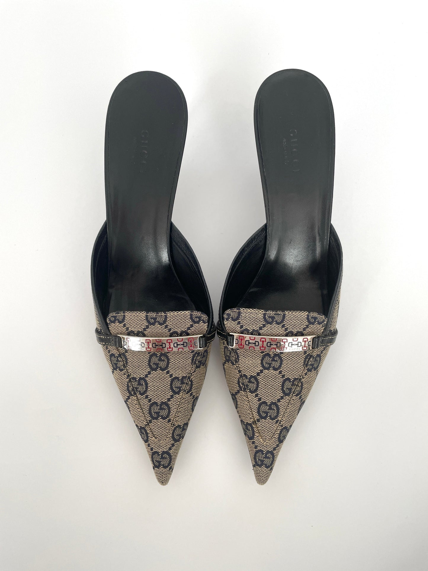 Gucci monogram horsebit kitten heel mules