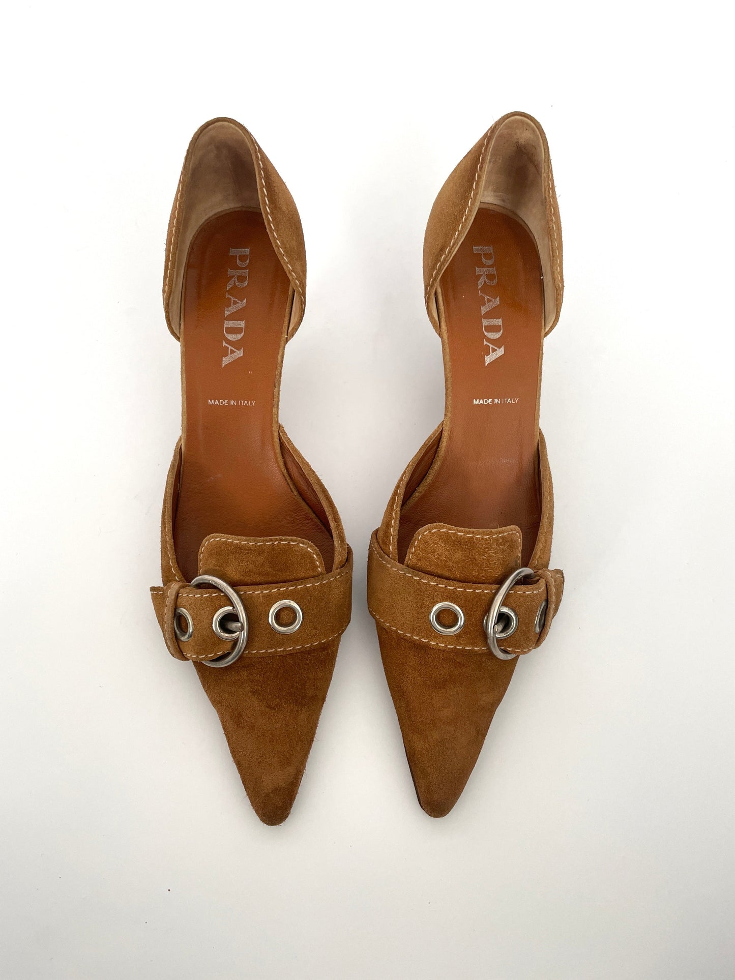 Prada tan suede leather silver buckle kitten heels SS 2002