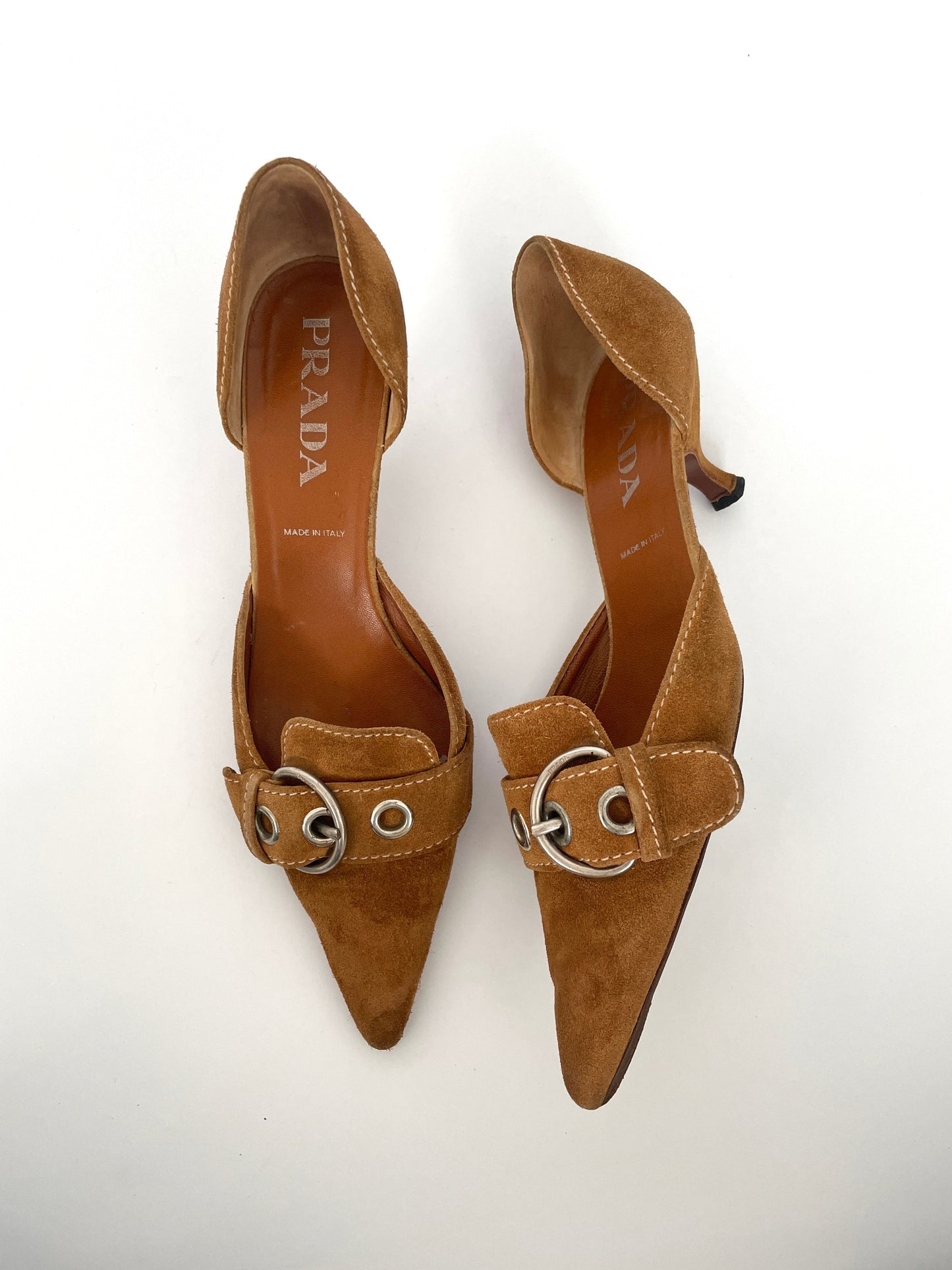 Prada tan suede leather silver buckle kitten heels SS 2002