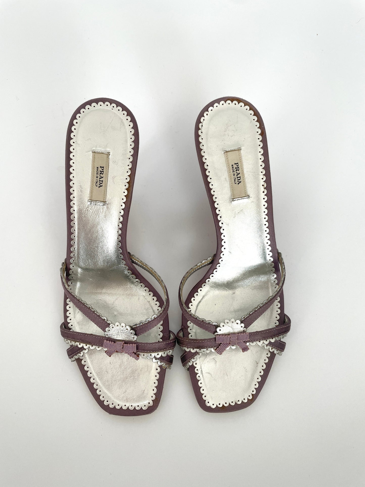 Prada silver silky lavender dainty bow kitten heels 