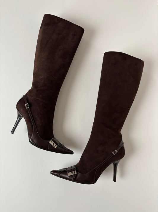 Vintage Christian Dior by John Galliano iconic rare dark suede leather/leather brown knee high boots with tiny buckle and logo details. Very rare find.