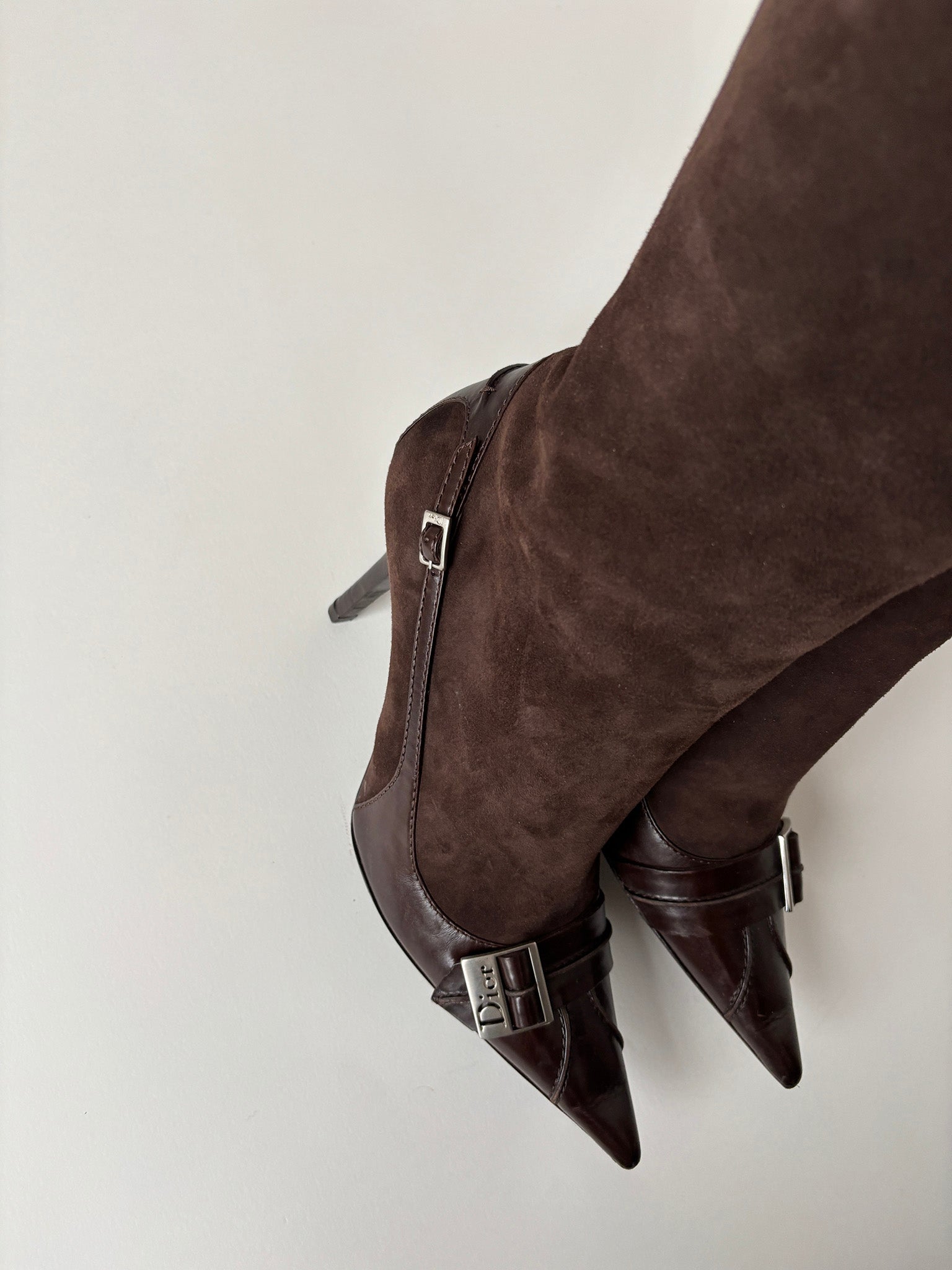 Vintage Christian Dior by John Galliano iconic rare dark suede leather/leather brown knee high boots with tiny buckle and logo details. Very rare find.