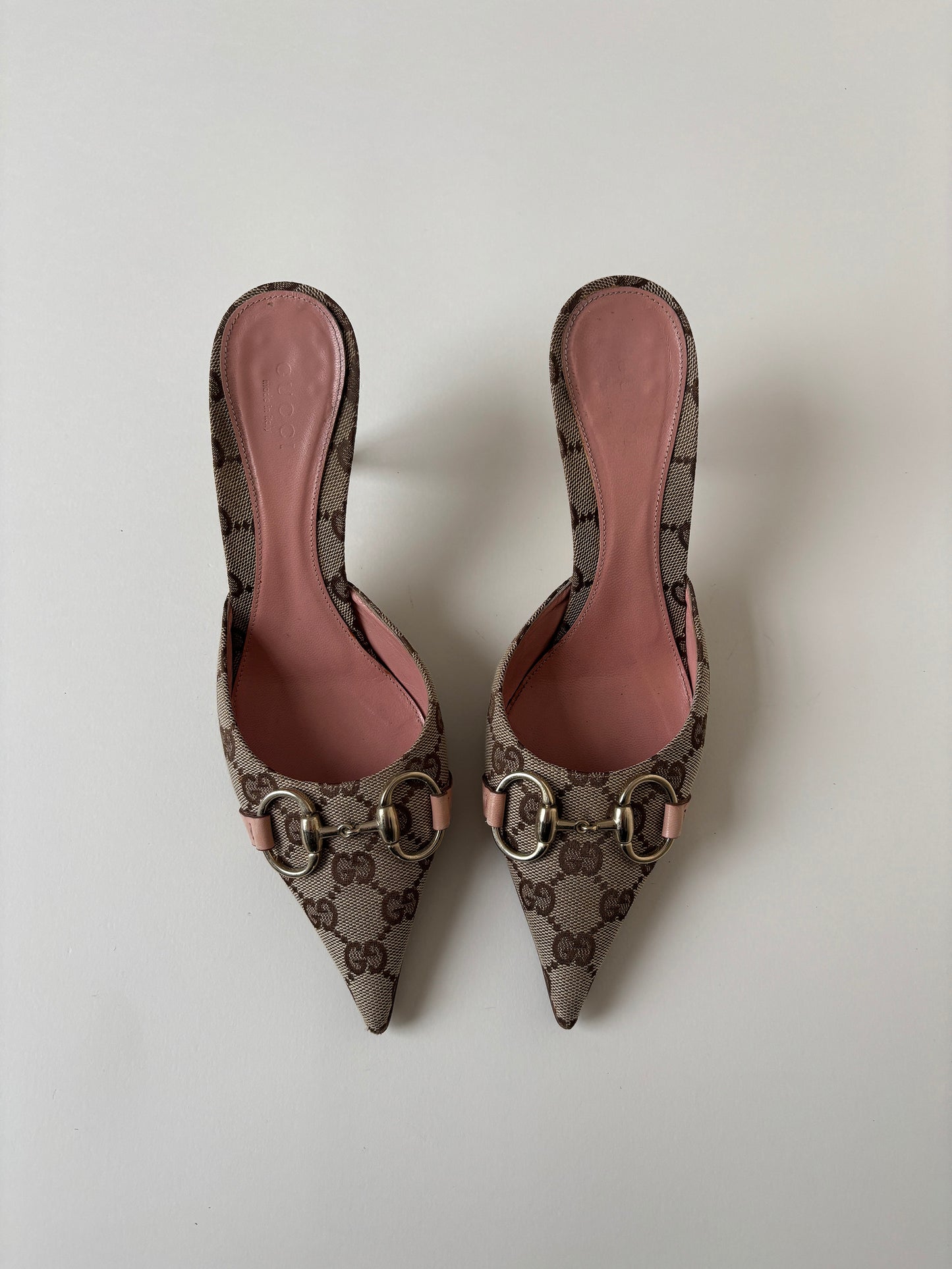 Vintage Gucci 2000s by Tom Ford pink horsebit monogram mules. Very rare model.