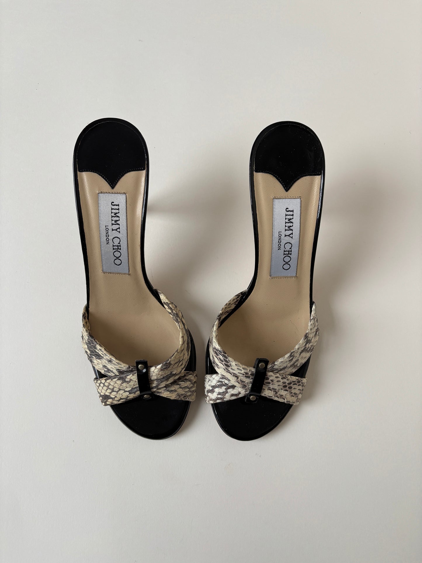Vintage Jimmy Choo 2000s beige snake heels.