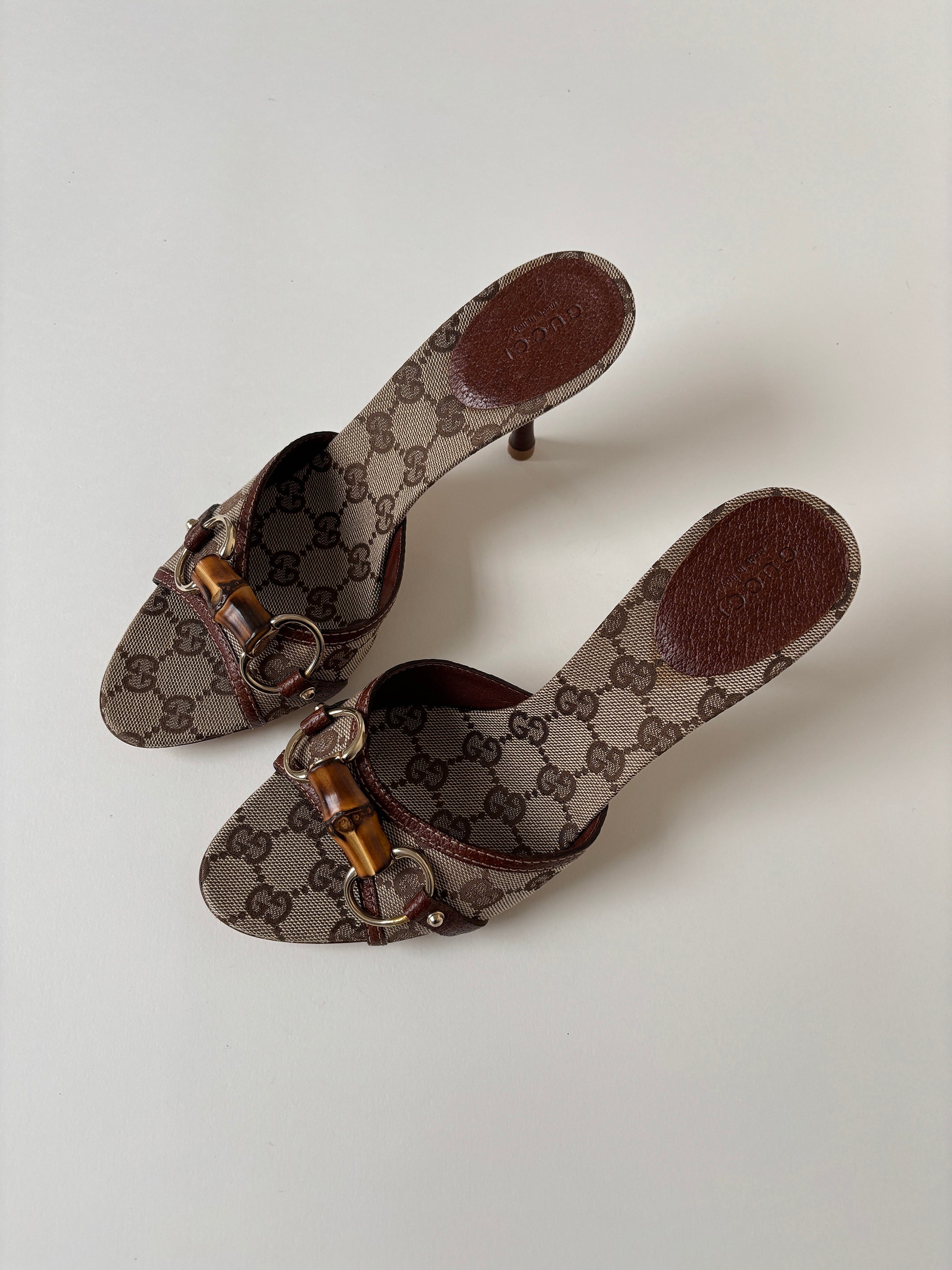 Vintage Gucci by Tom Ford iconic 2000s beige brown monogram bamboo horsebit heels.