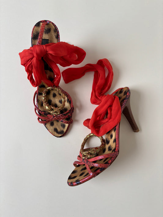 Roberto Cavalli 2000s red silk wrap rhinestone snake heels (EU 37/ US 7)