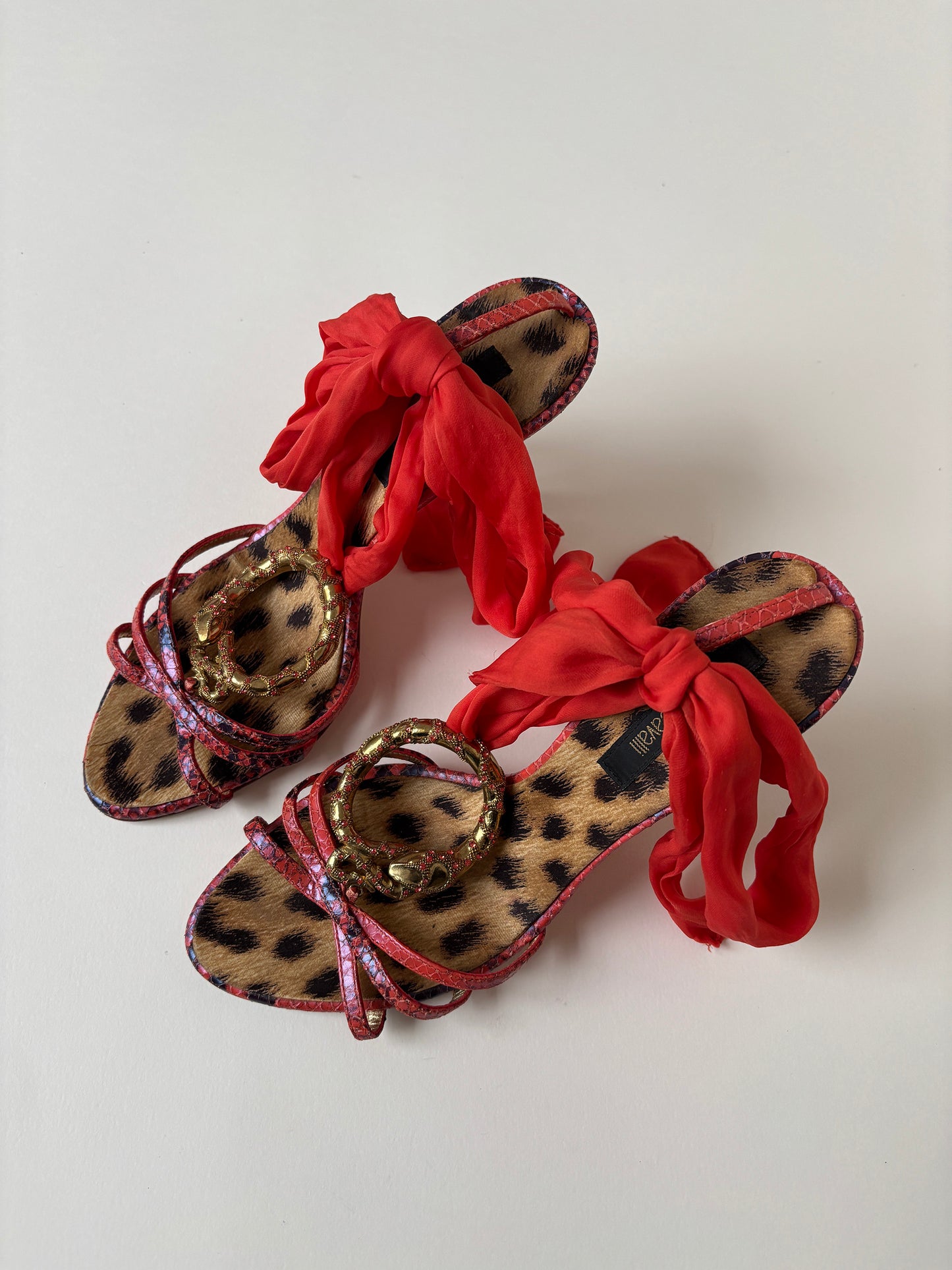 Roberto Cavalli 2000s red silk wrap rhinestone snake heels (EU 37/ US 7)