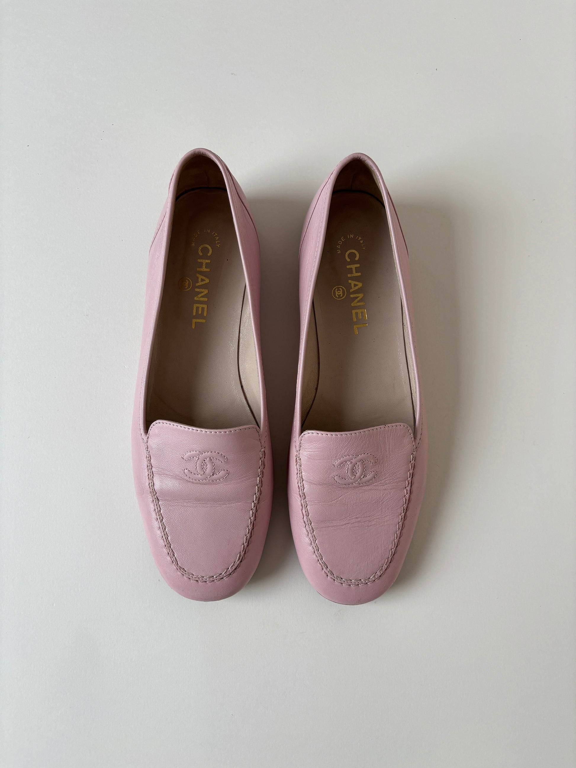 Vintage Chanel by Karl Lagerfeld 1990s pink CC stiched logo loafer.