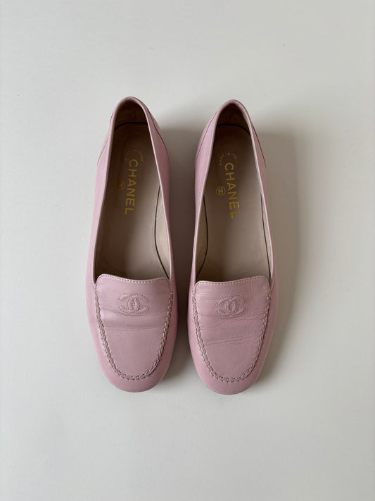 Vintage Chanel by Karl Lagerfeld 1990s pink CC stiched logo loafer.