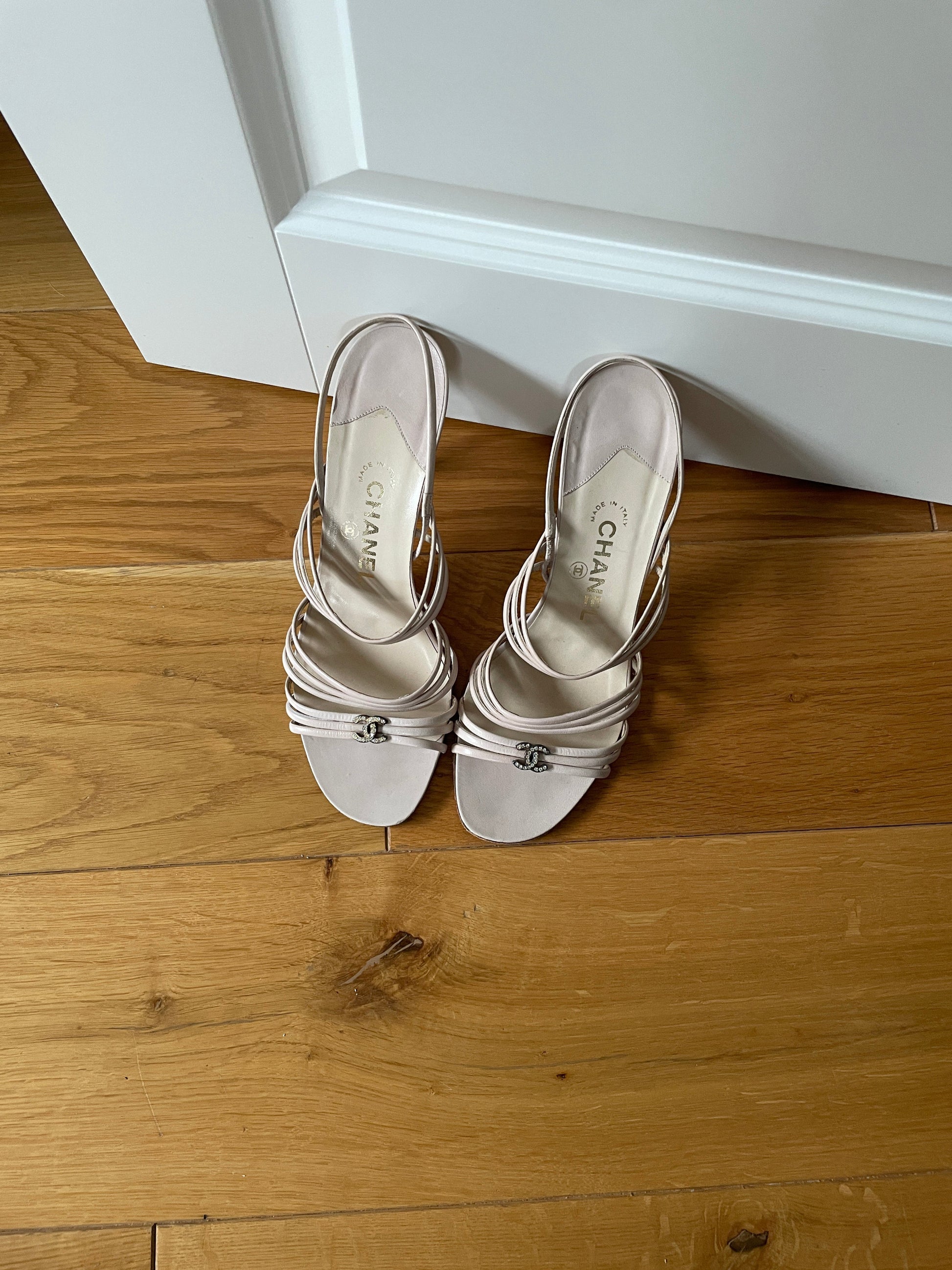 Vintage Chanel nude skinny strap rhinestone CC sandal heels