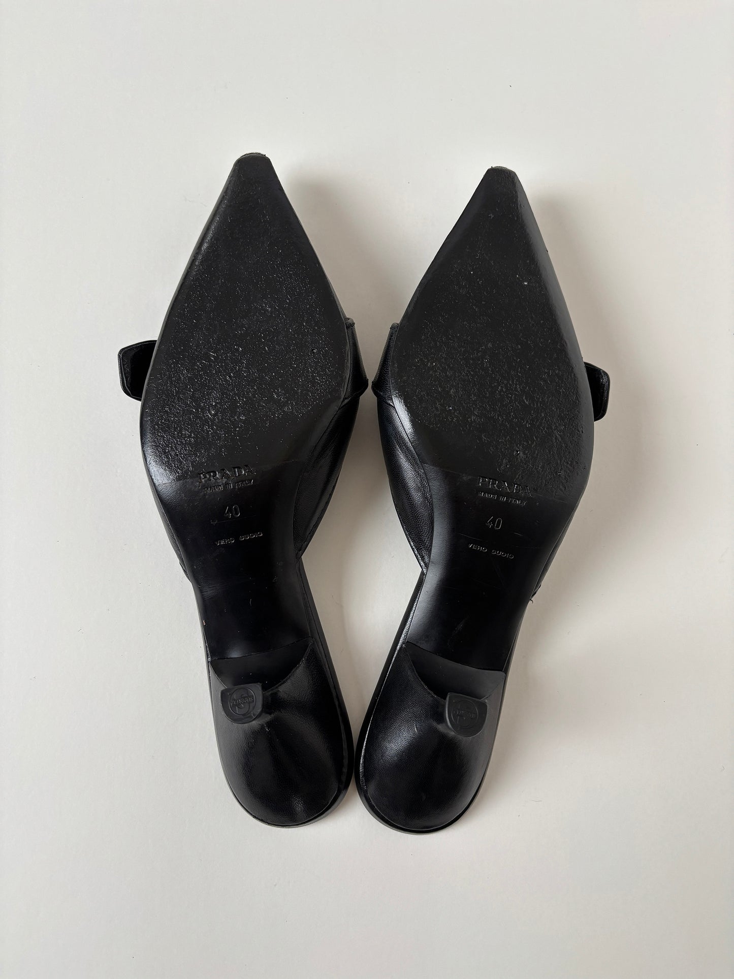 Prada S/S 2002 black leather silver buckle kitten heel mules  (EU 40/ US 9.5)