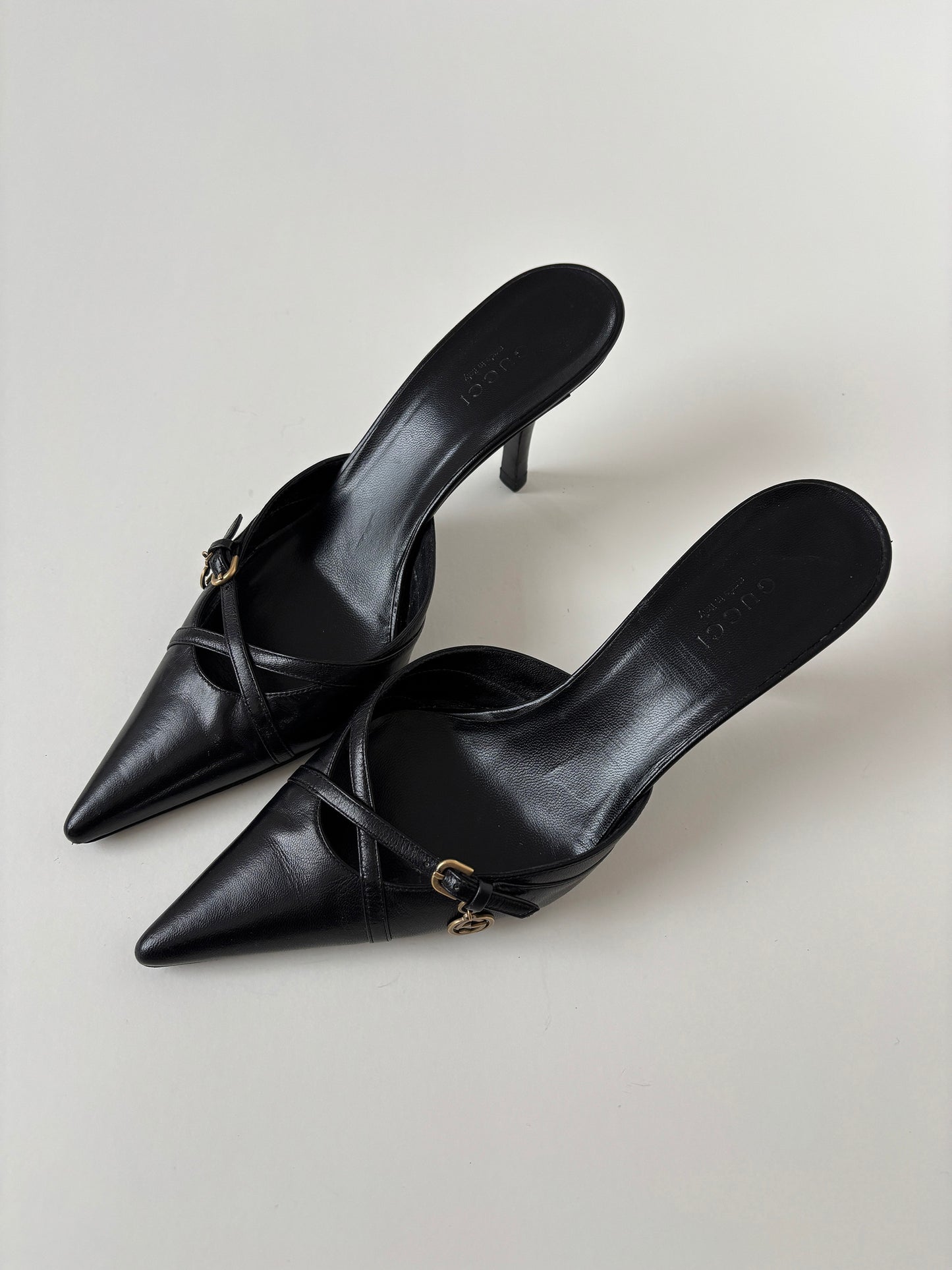 Vintage Gucci by Tom Ford 2000s black mules with cute tiny GG charm and kitten heel
