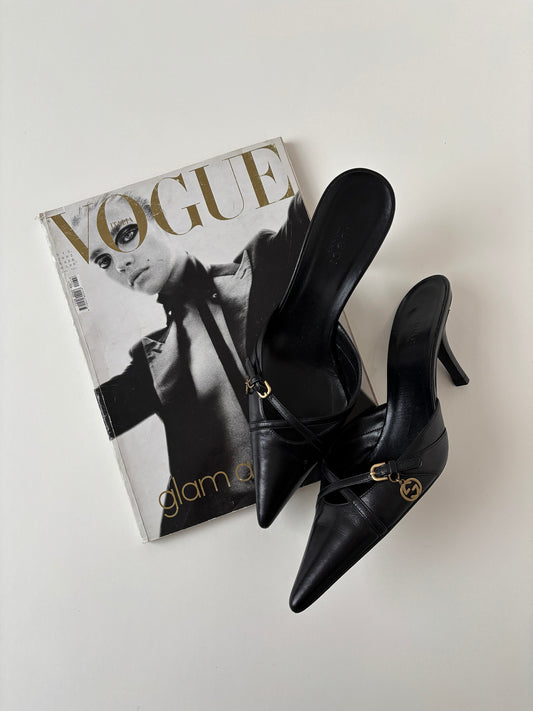Vintage Gucci by Tom Ford 2000s black mules with cute tiny GG charm and kitten heel
