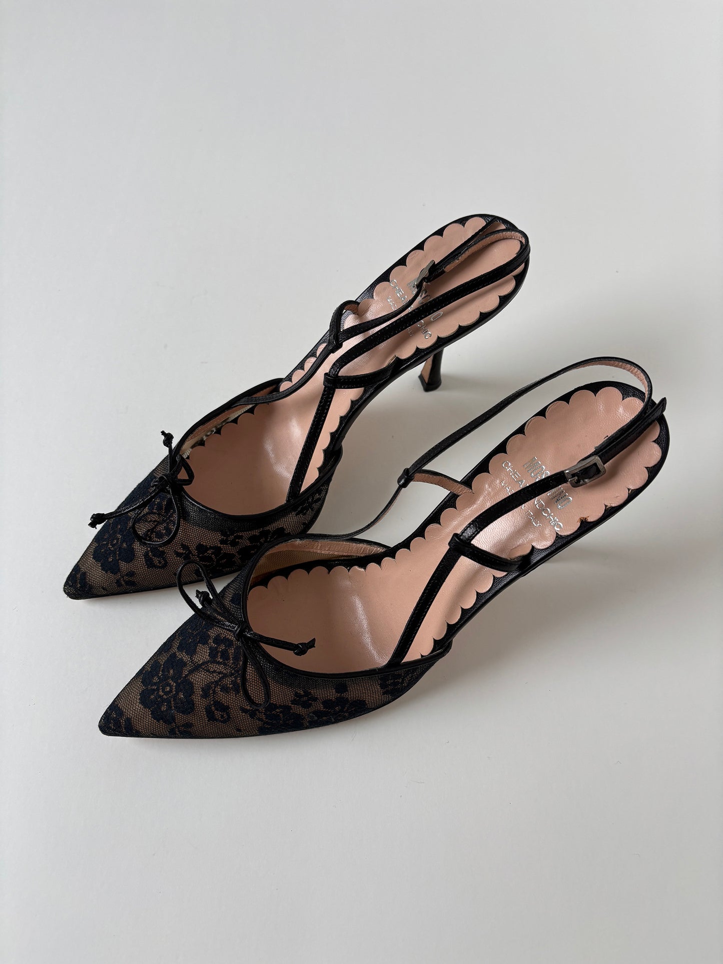 Vintage Moschino 2000s black sling back heels with black lace details and cute bow.
