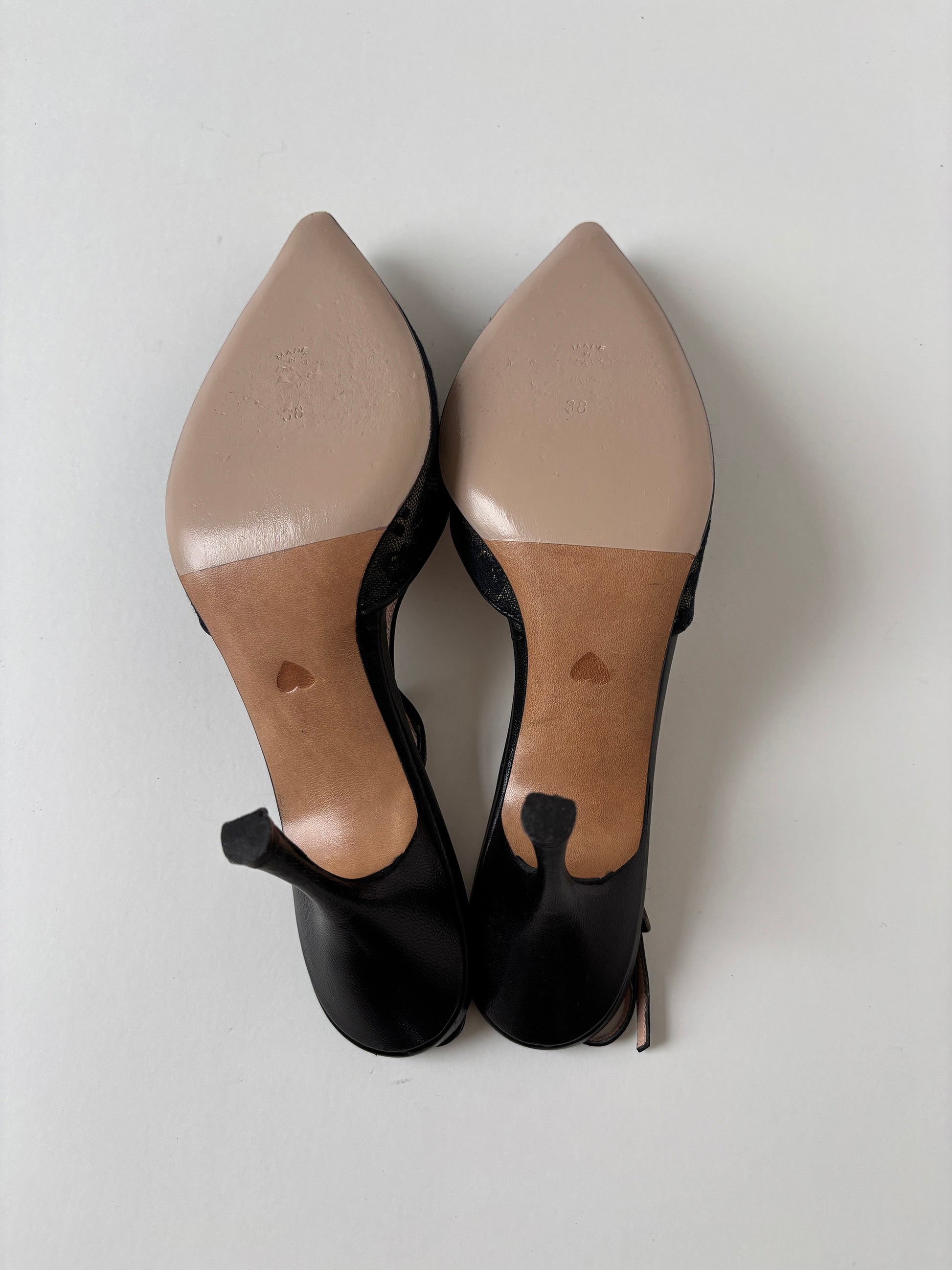 Vintage Moschino 2000s black sling back heels with black lace details and cute bow.
