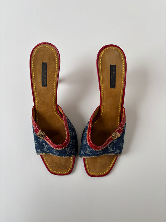 Vintage LV 2000s by Marc Jacobs iconic denim heels with red croc leather details and mini buckle