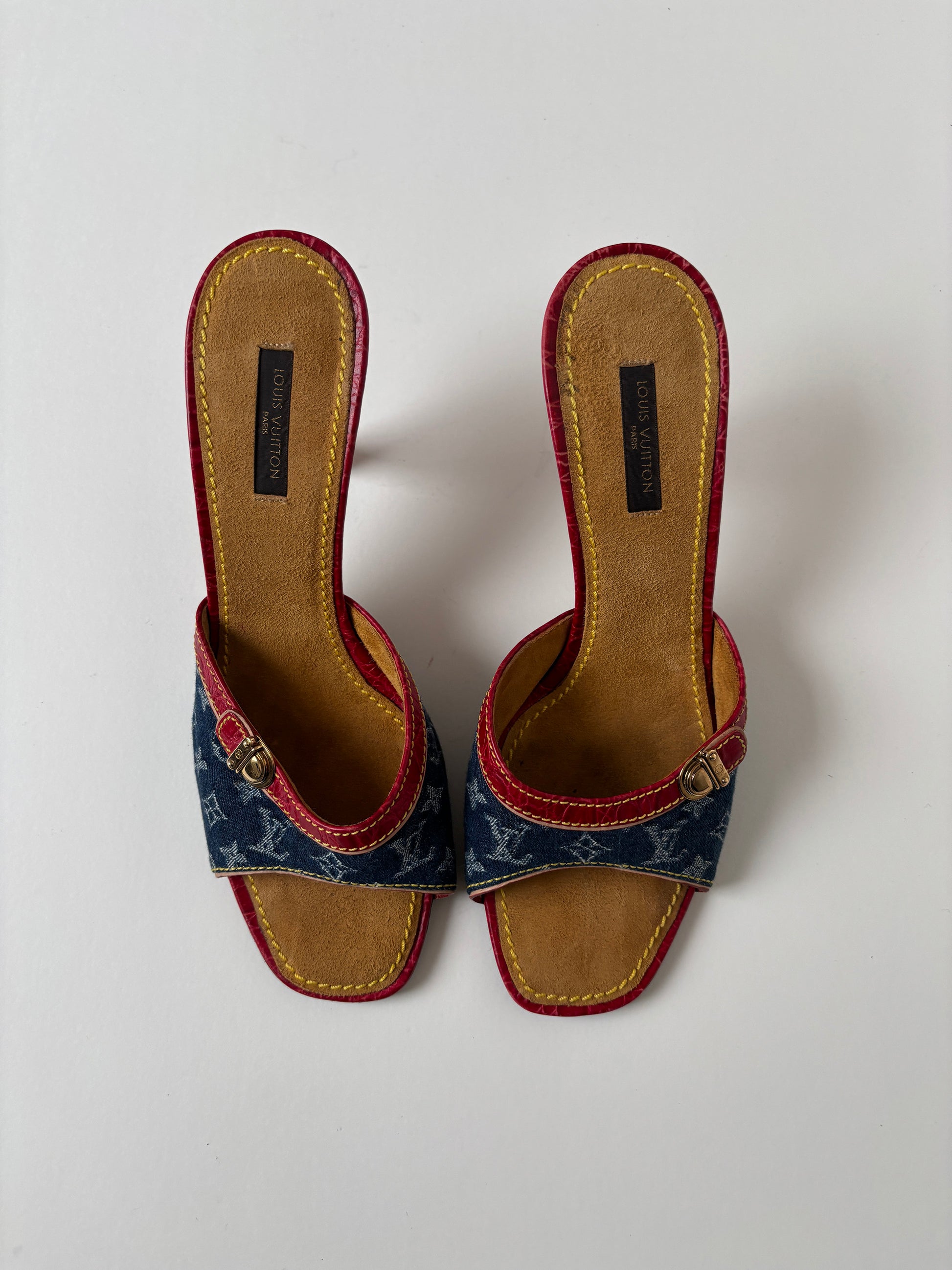 Vintage LV 2000s by Marc Jacobs iconic denim heels with red croc leather details and mini buckle