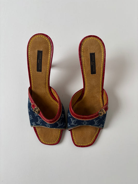Vintage LV 2000s by Marc Jacobs iconic denim heels with red croc leather details and mini buckle