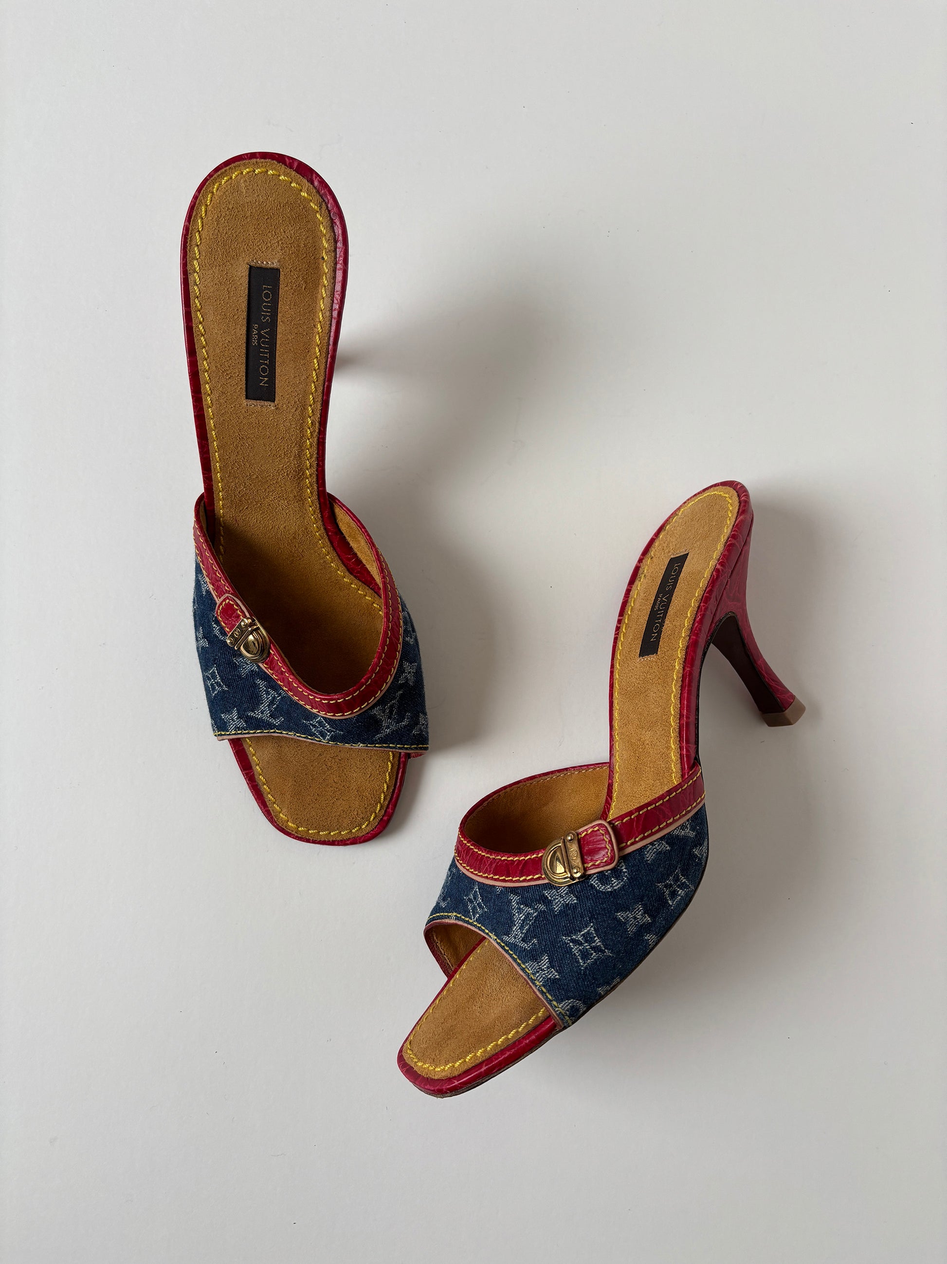 Vintage LV 2000s by Marc Jacobs iconic denim heels with red croc leather details and mini buckle