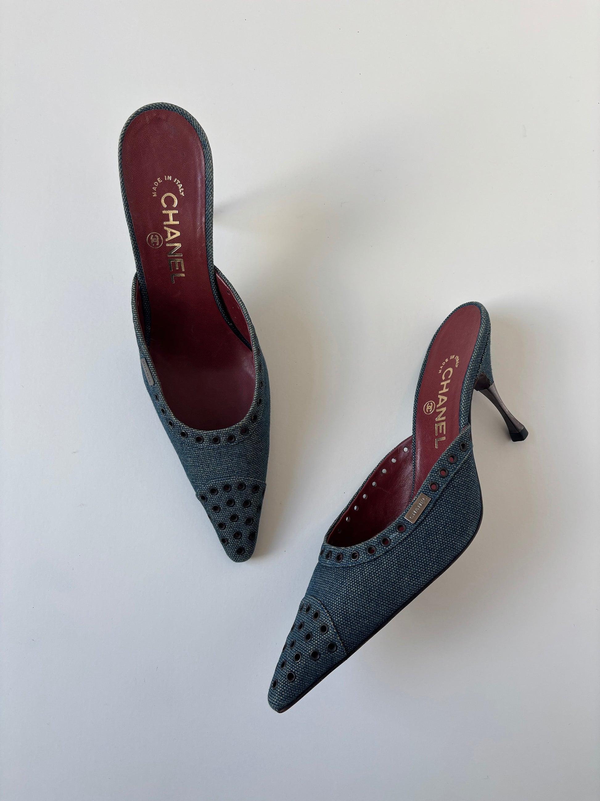 Vintage Chanel 1990s by Karl Lagerfeld denim eyelet kitten heel mules