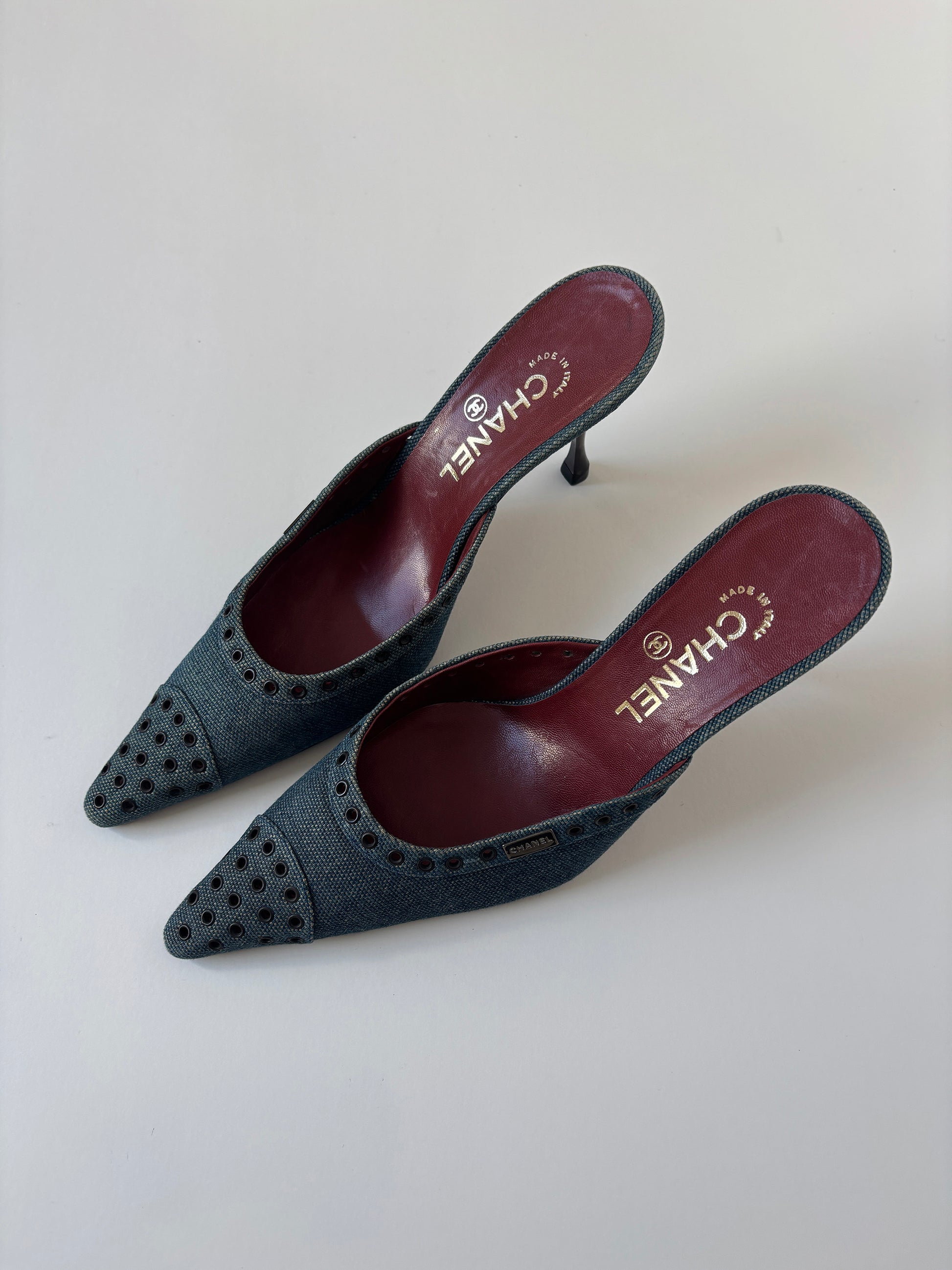 Vintage Chanel 1990s by Karl Lagerfeld denim eyelet kitten heel mules