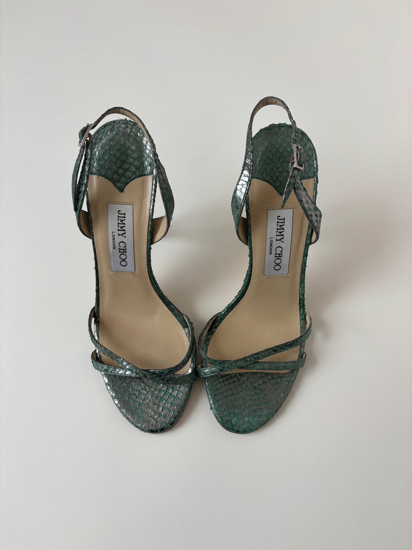 Vintage Jimmy Choo 2000s metallic green snake heels.