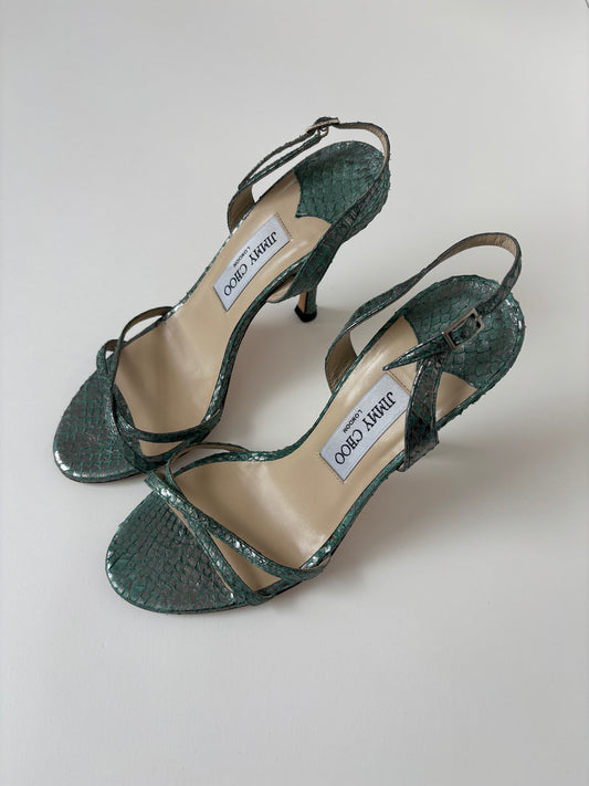 Vintage Jimmy Choo 2000s metallic green snake heels.
