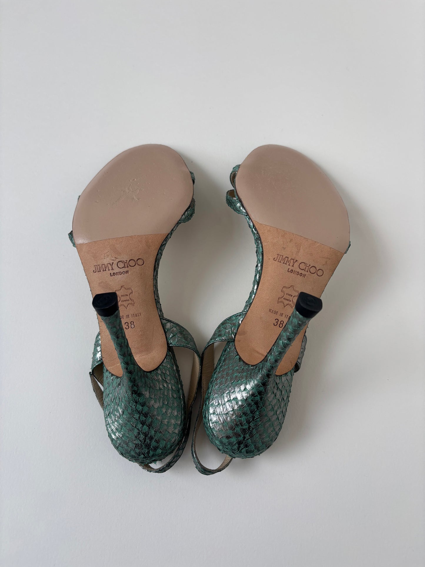 Jimmy Choo 2000s metallic green snake sandal heels (EU 38 / US 7.5)