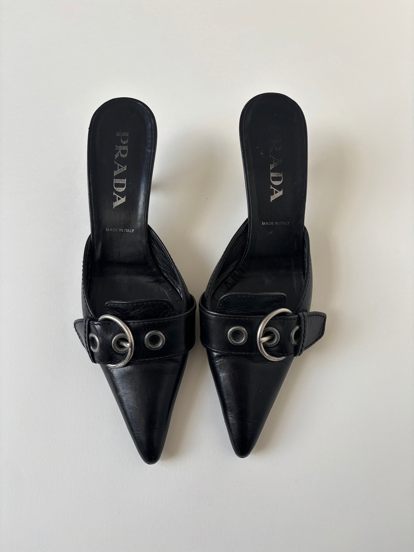 Prada S/S 2002 black leather silver buckle kitten heel mules  (EU 38,5/ US 8)