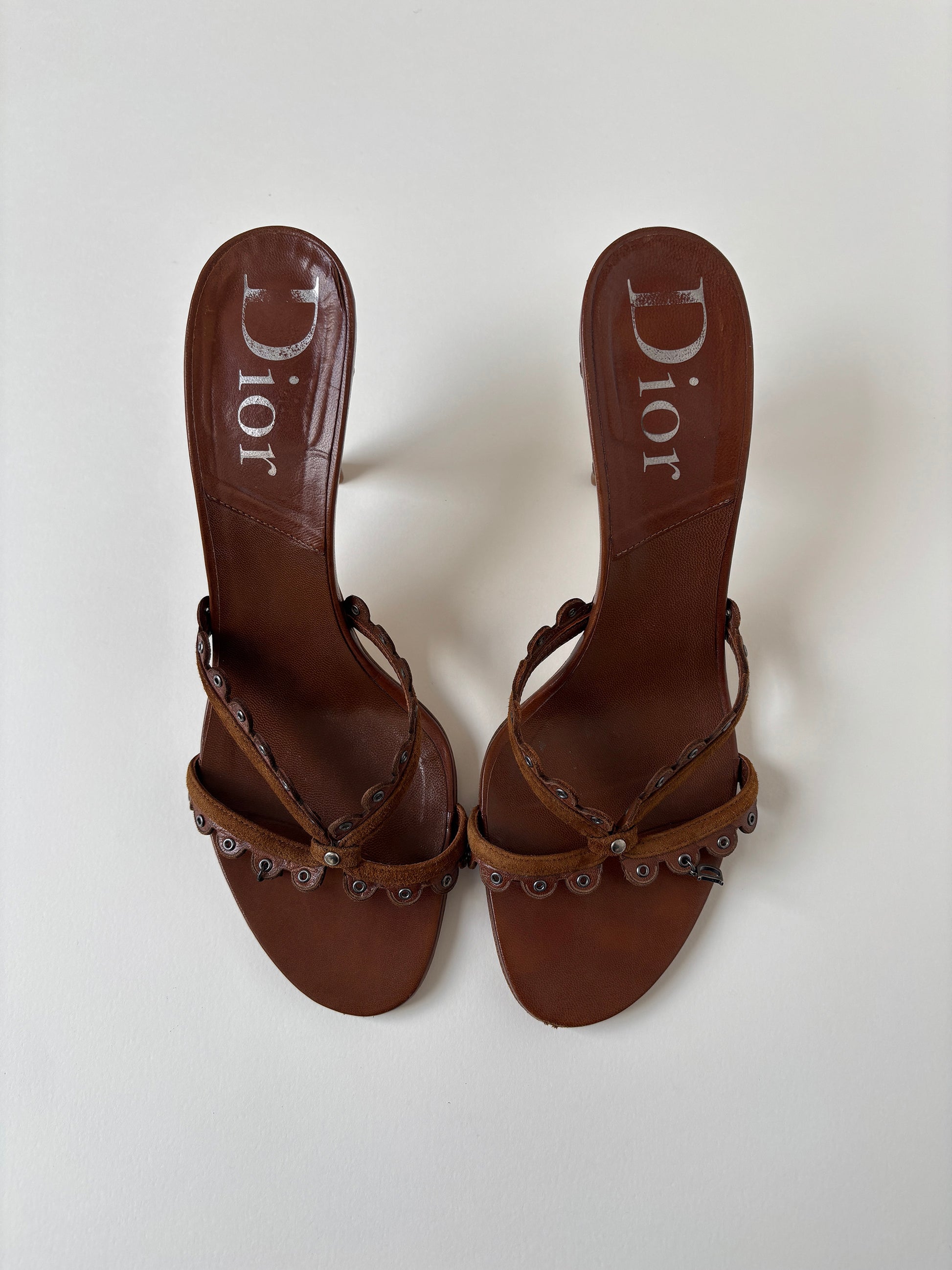 Vintage Christian Dior by John Galliano 2000s brown eyelet sandal heels with tiny metal logo detail.