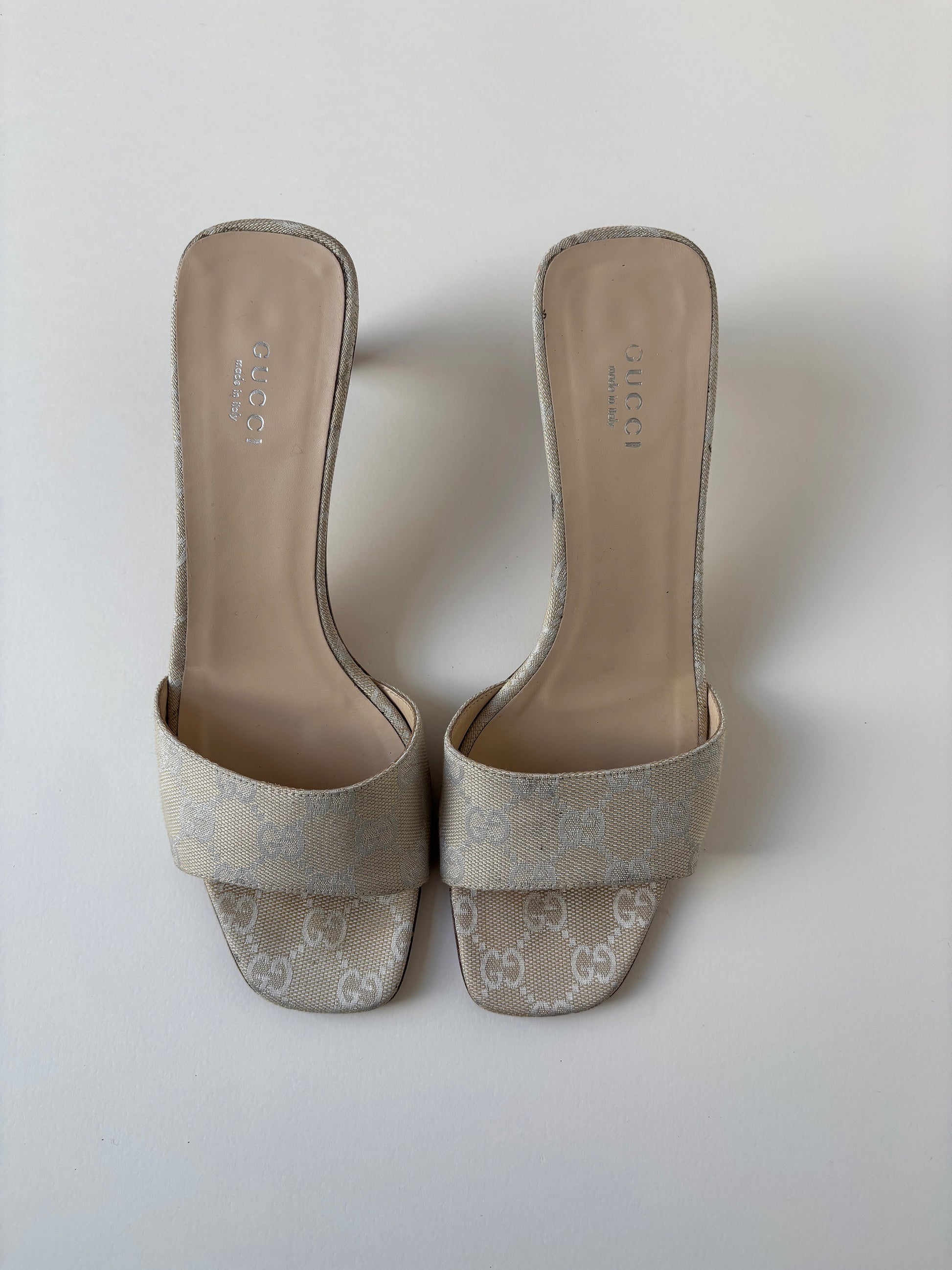 Vintage 1990s Gucci by Tom Ford ivory monogram sandals.
