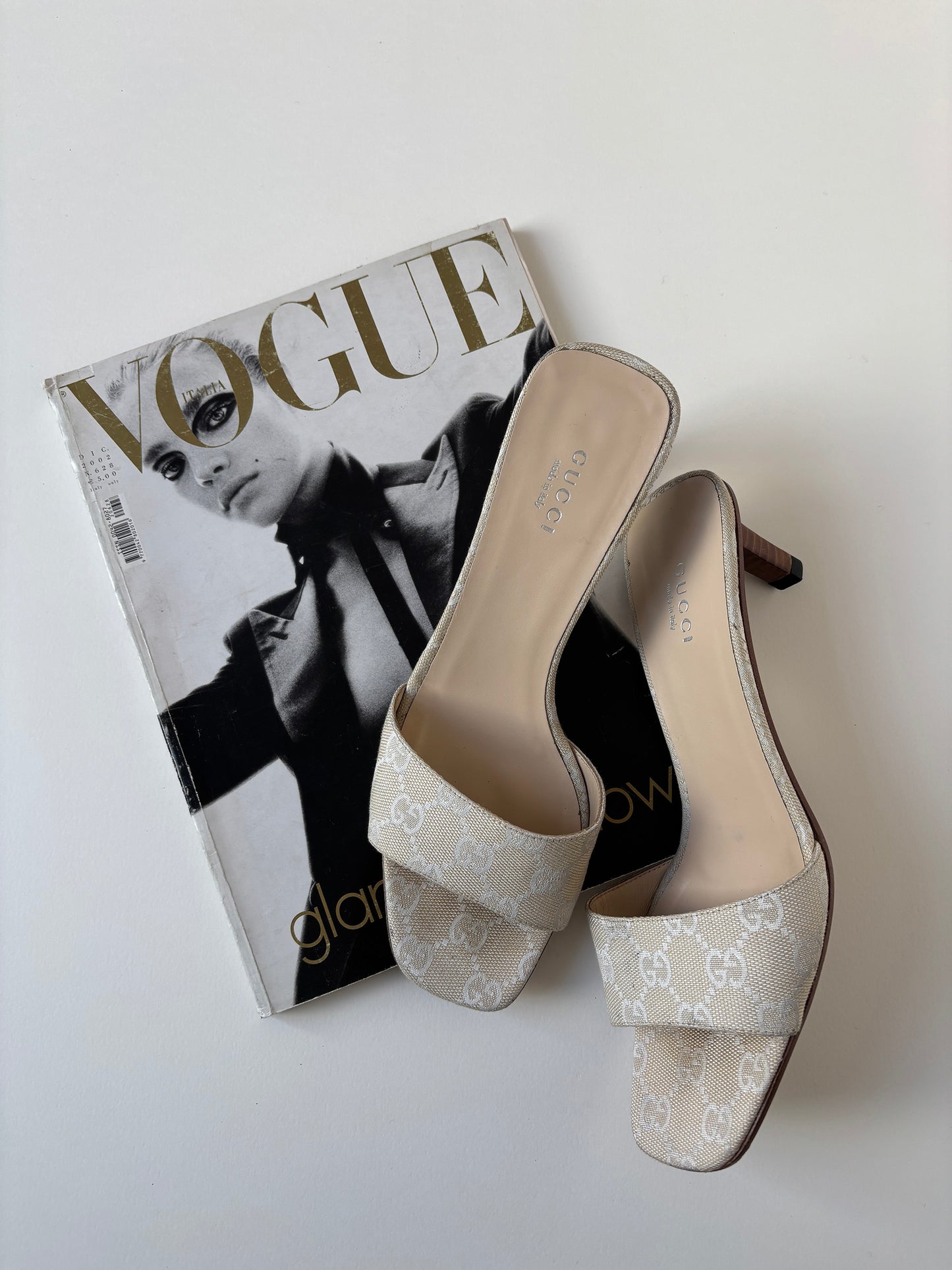 Vintage 1990s Gucci by Tom Ford ivory monogram sandals.