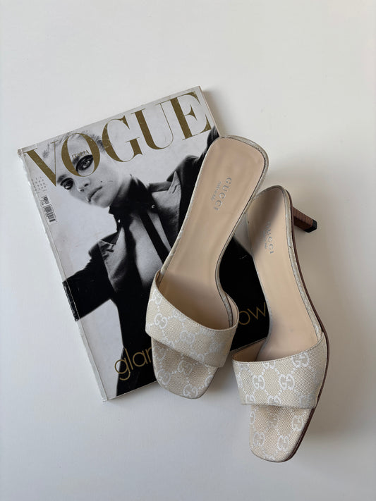 Vintage 1990s Gucci by Tom Ford ivory monogram sandals.