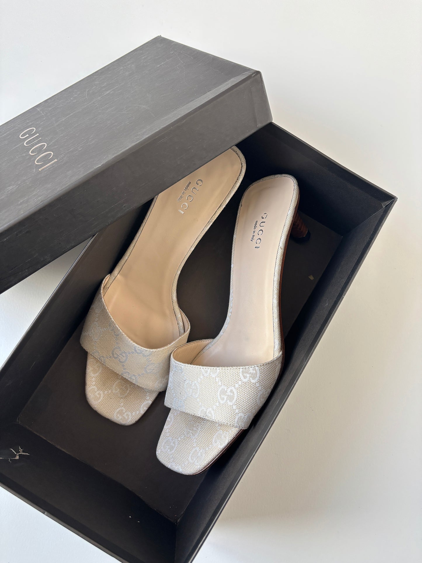 Vintage 1990s Gucci by Tom Ford ivory monogram sandals.