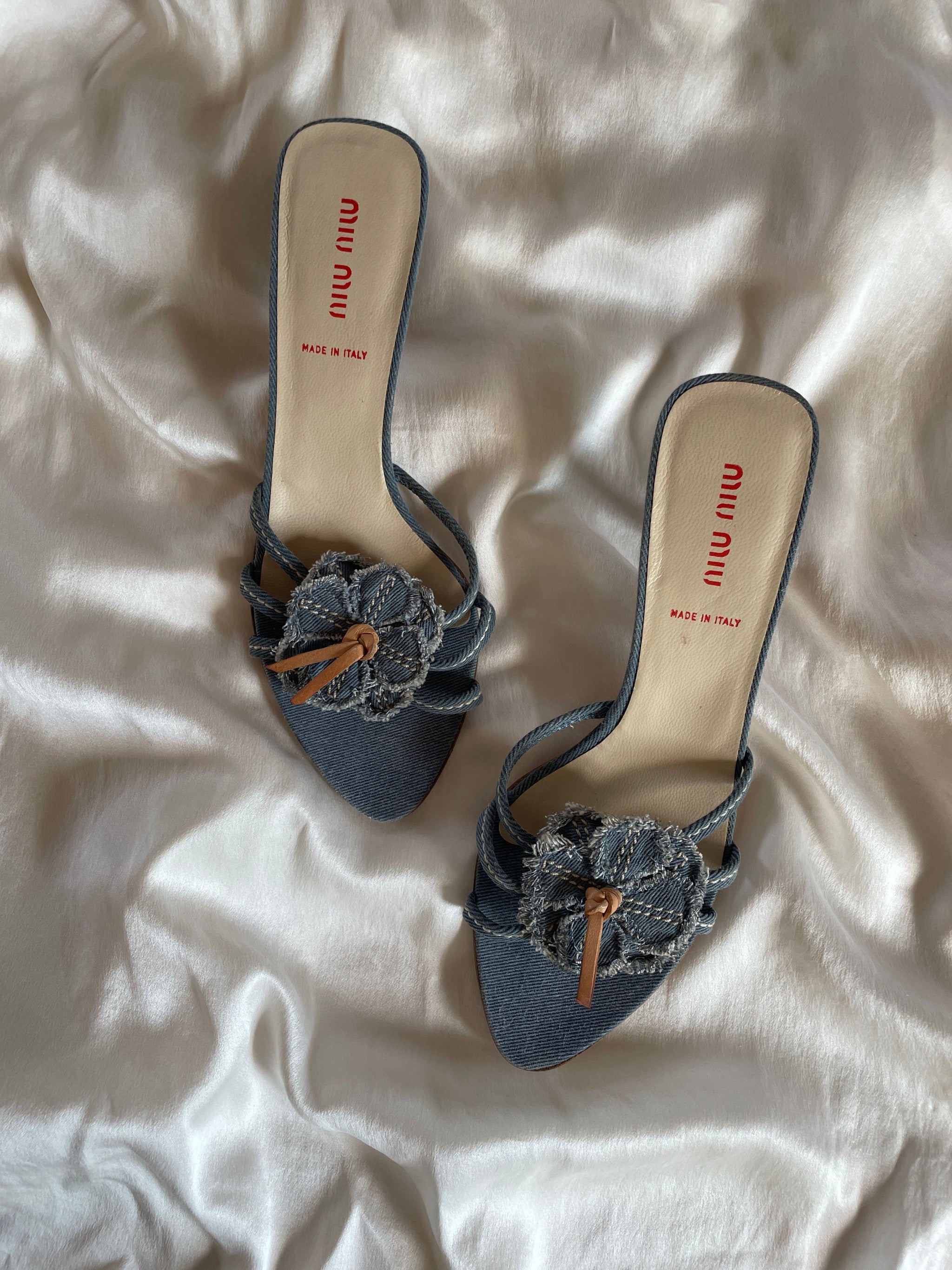 Miu Miu Rare Denim Heels with Floral Appliqué (40) – Guzzi