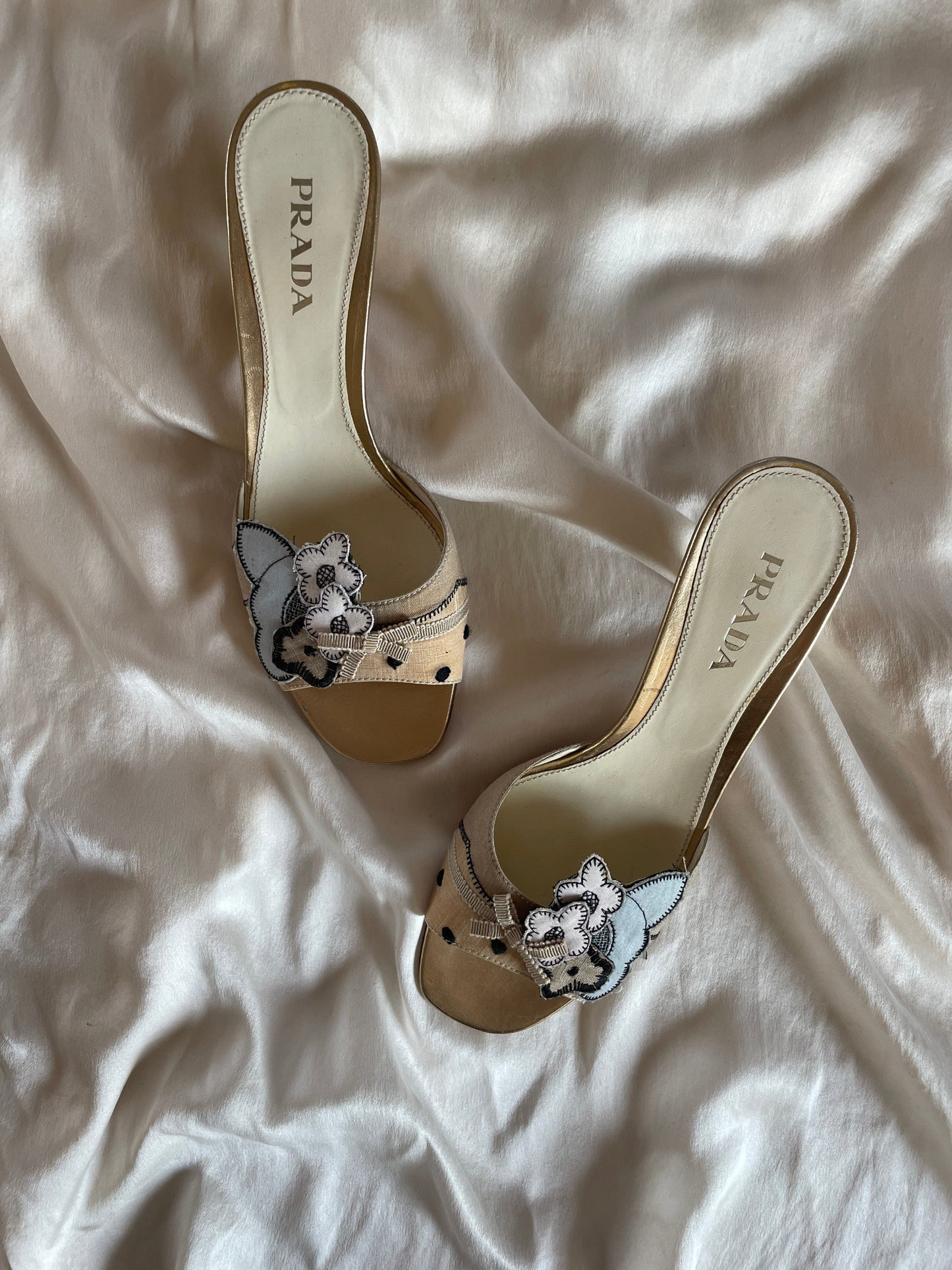 Vintage Prada floral application kitten heels