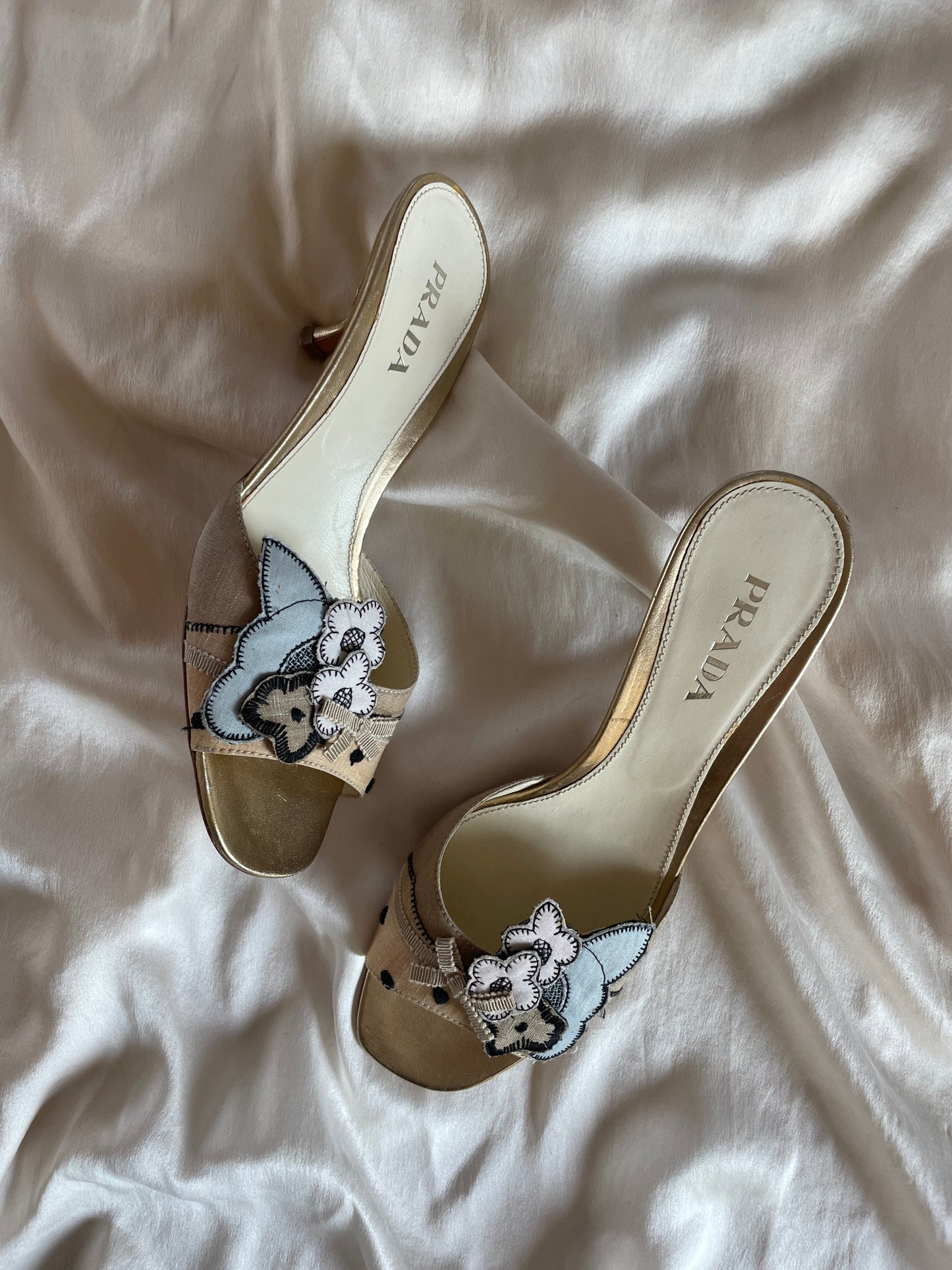 Vintage Prada floral application kitten heels
