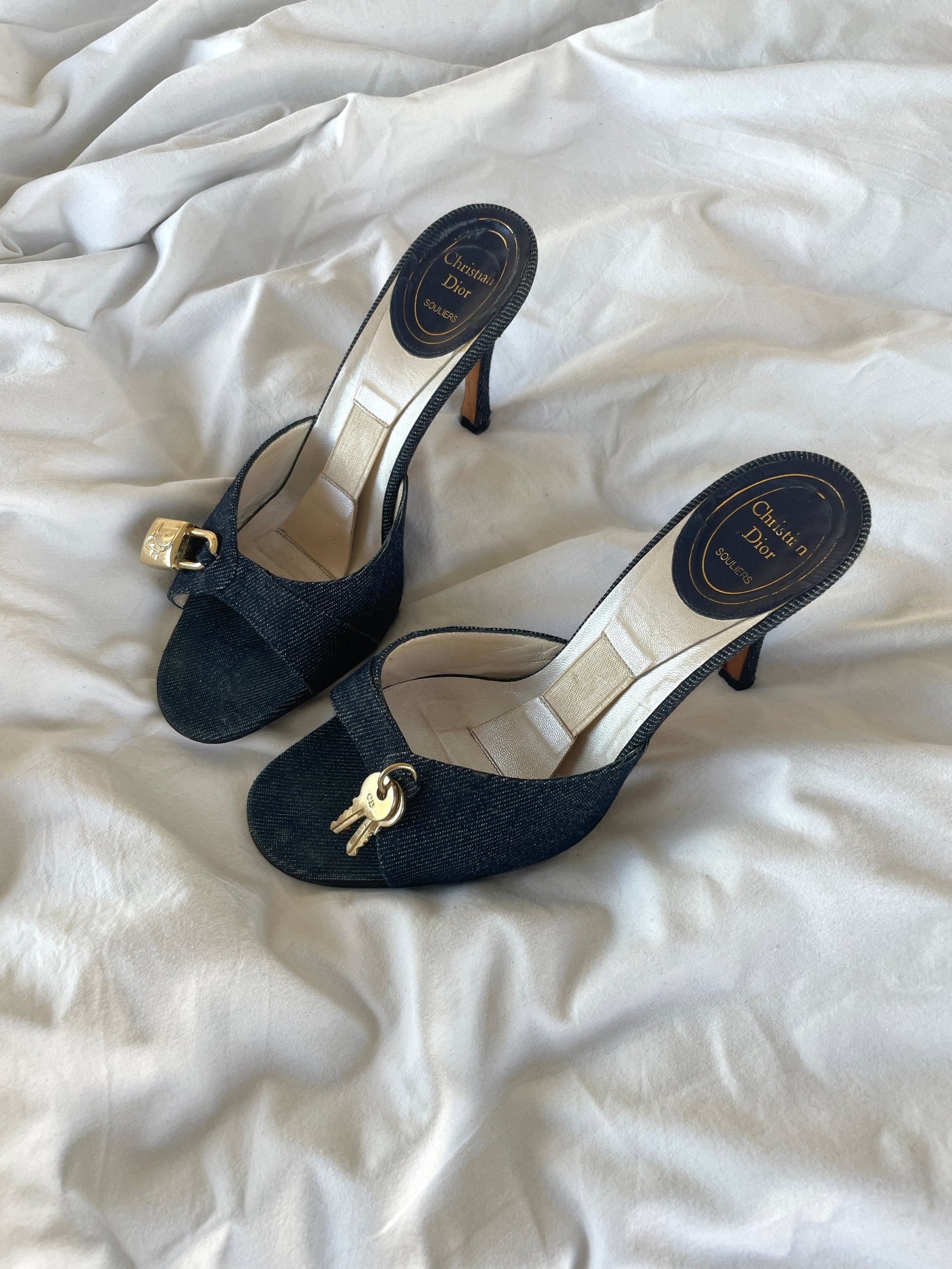 Vintage Christian Dior iconic denim lock key heels