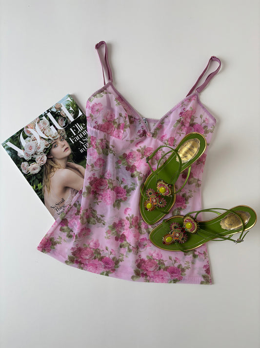 Dolce & Gabbana 2000s pink sheer roses mesh top XS-S