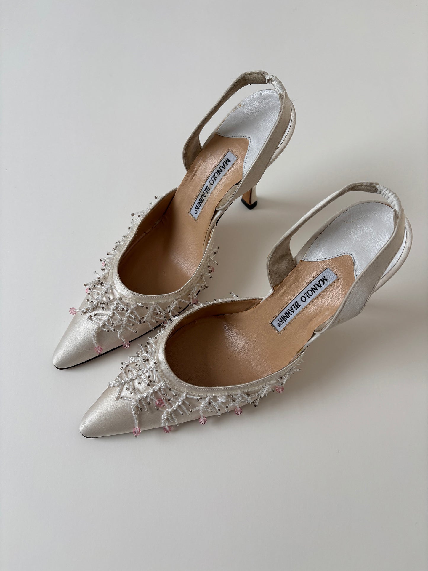 Manolo Blahnik 2000s white silk pink beaded sling back heels  (EU 39 / US 9)