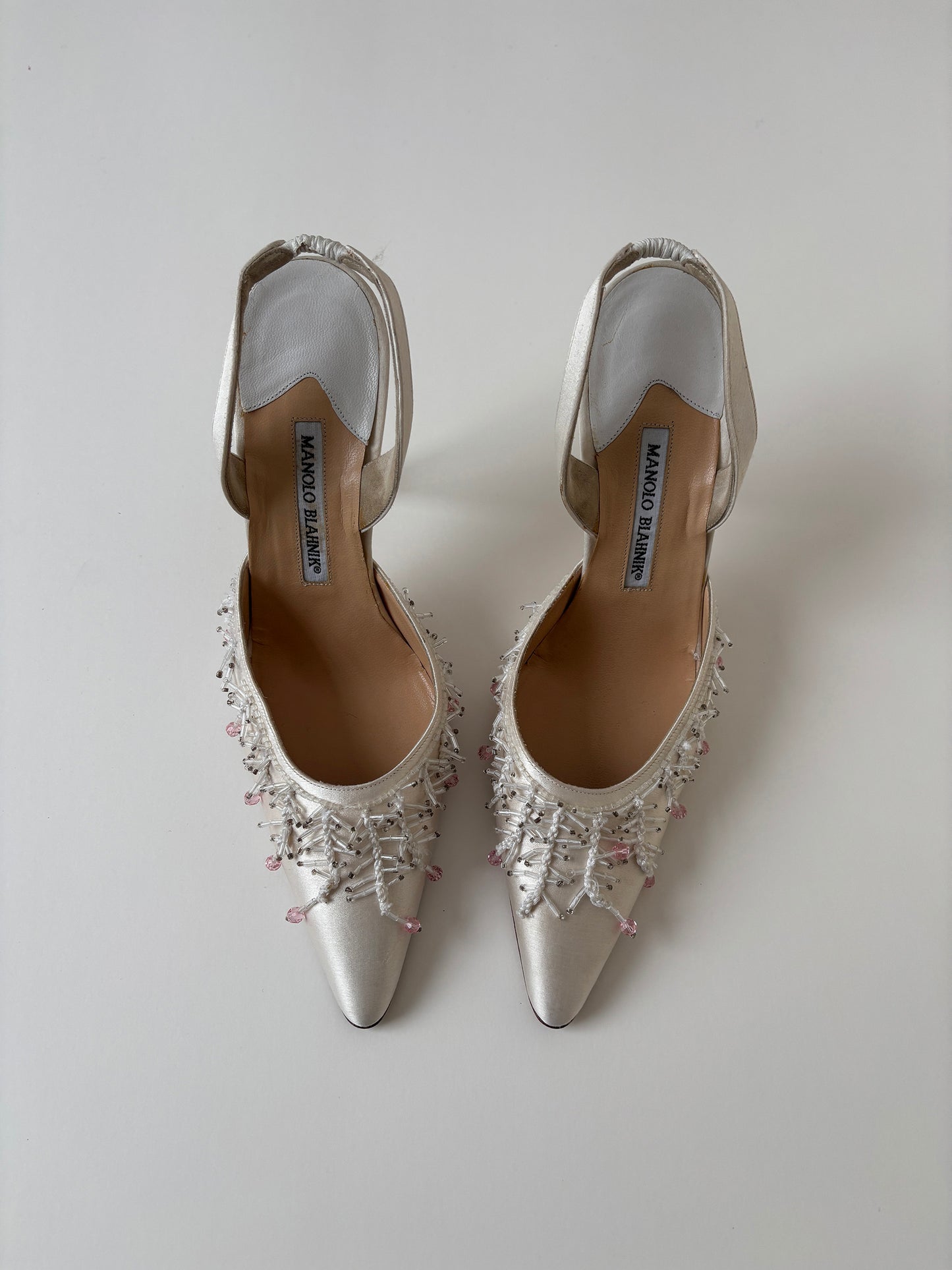 Manolo Blahnik 2000s white silk pink beaded sling back heels  (EU 39 / US 9)
