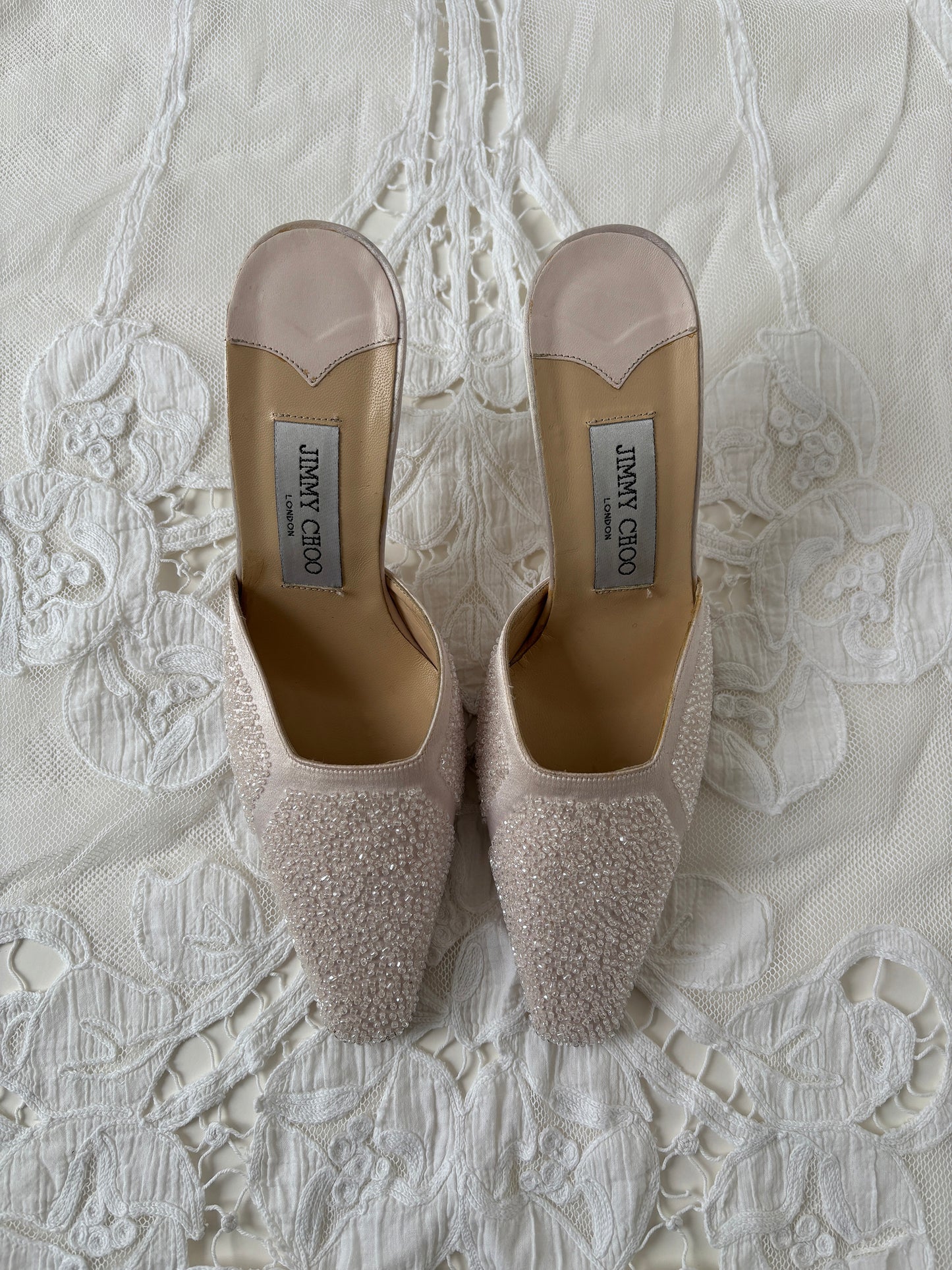 Jimmy Choo 2000s light pink satin beaded mules (EU 37 / US 6.5)